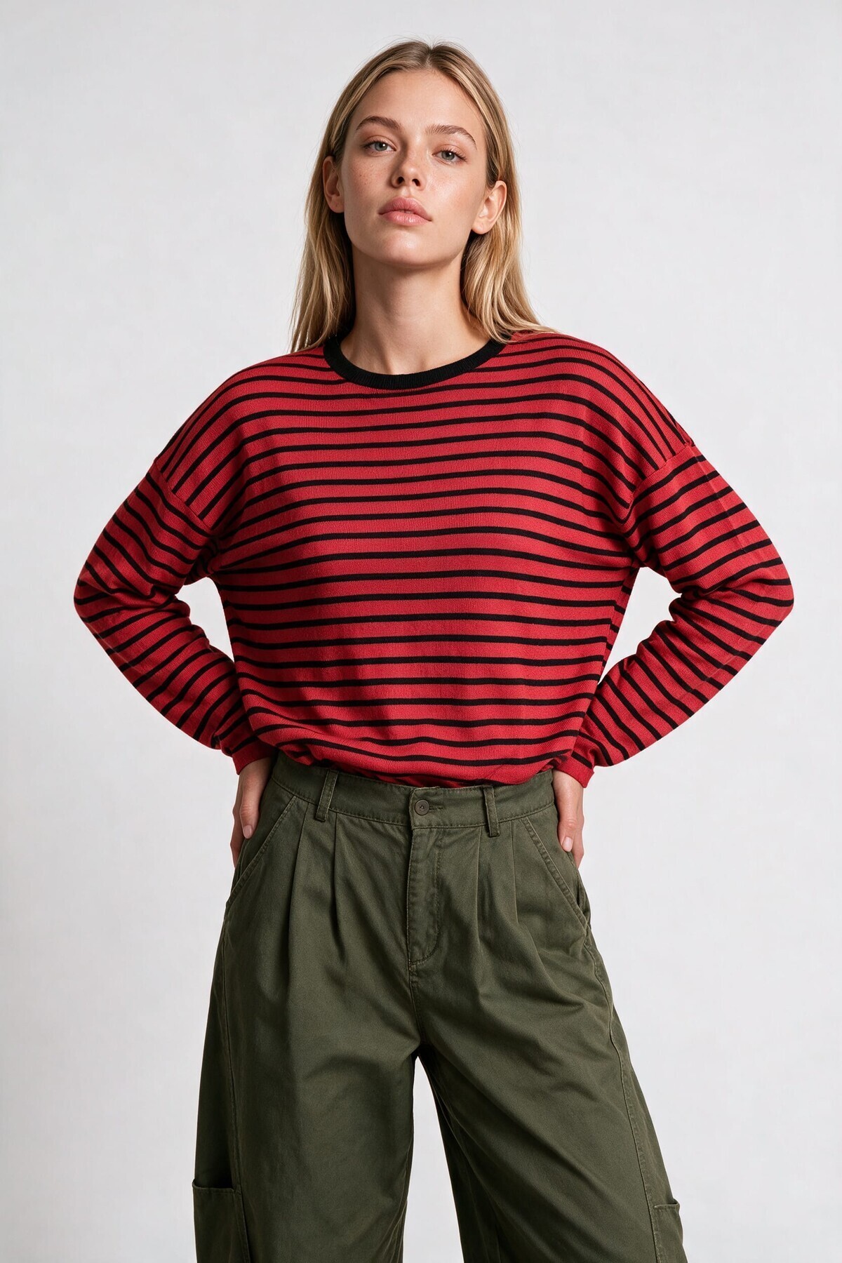 Oversize Çizgili Mevsimlik Kazak 4446 KIRMIZI SİYAH LKİ0077