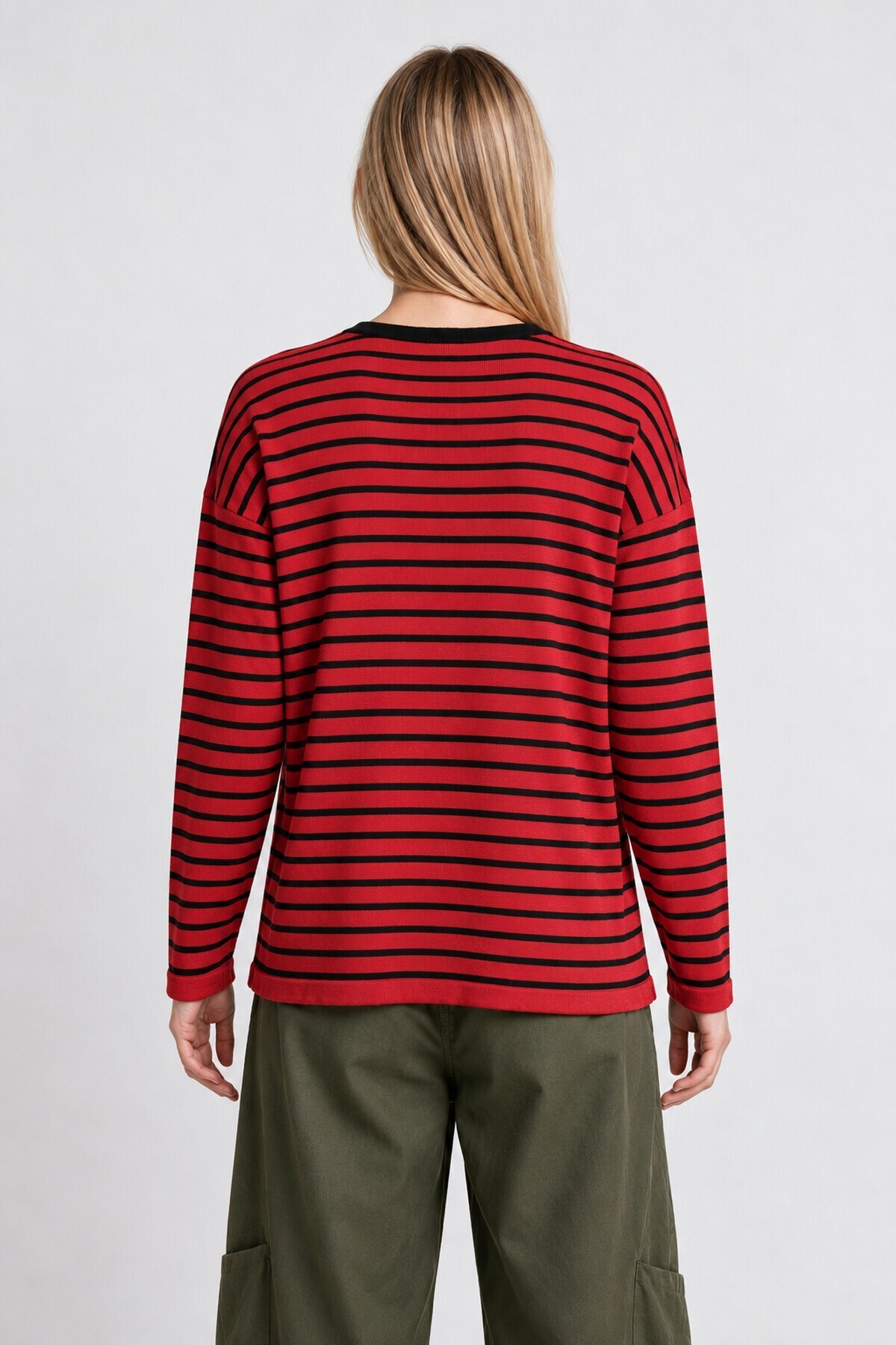 Oversize Çizgili Mevsimlik Kazak 4446 KIRMIZI SİYAH LKİ0077