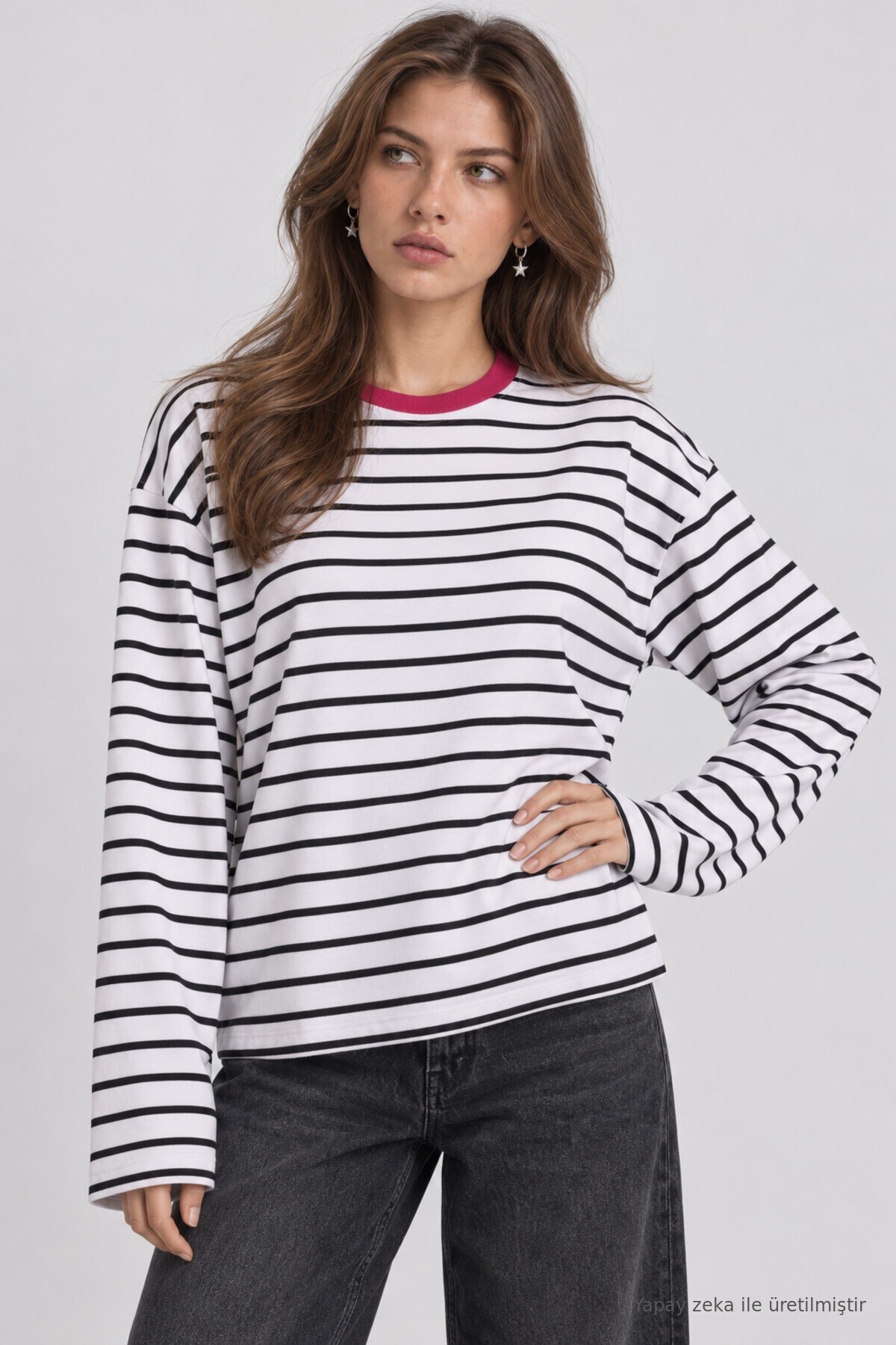 Oversize Çizgili Örme Sweatshirt EKRU SİYAH LRN0079