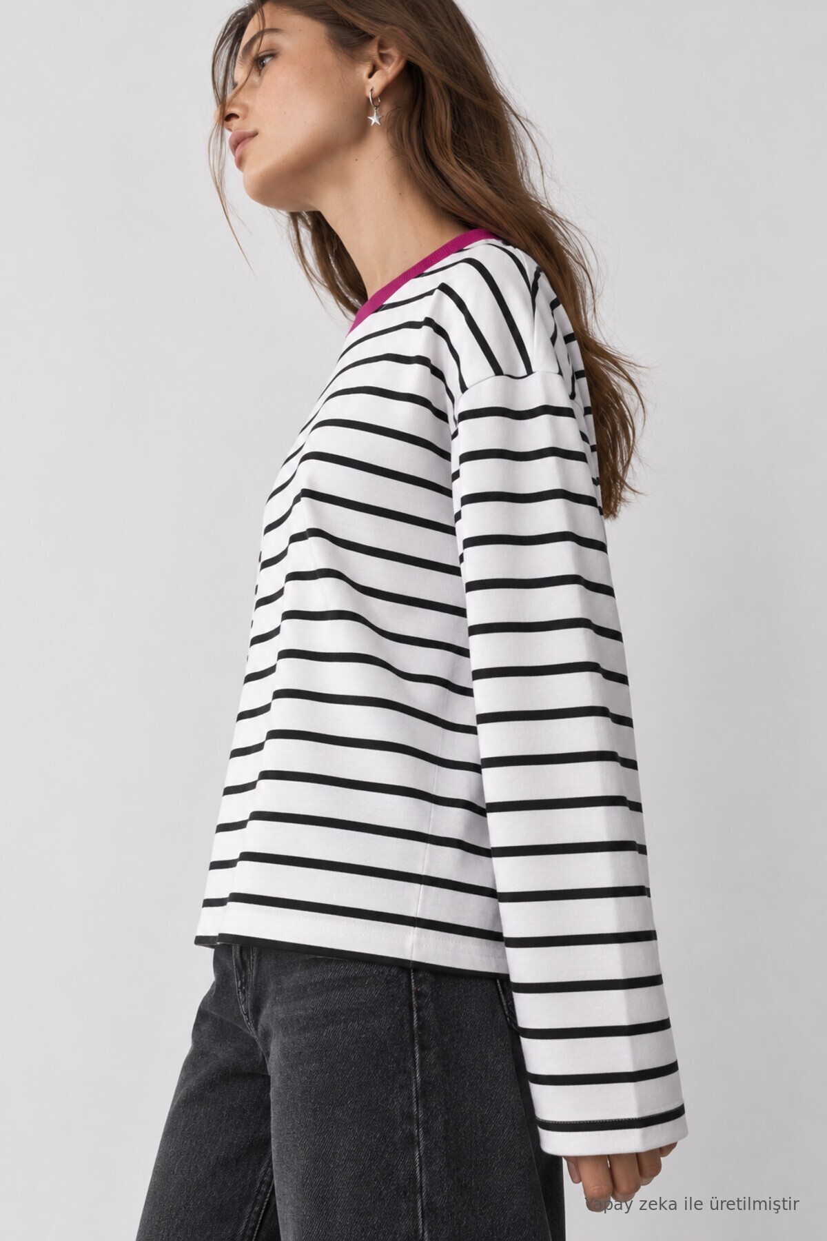 Oversize Çizgili Örme Sweatshirt EKRU SİYAH LRN0079