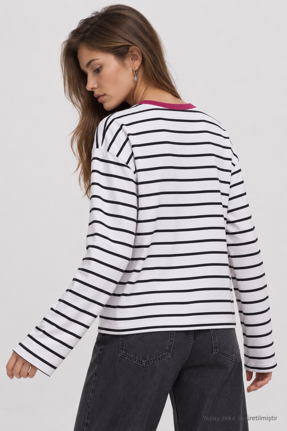 Oversize Çizgili Örme Sweatshirt EKRU SİYAH LRN0079