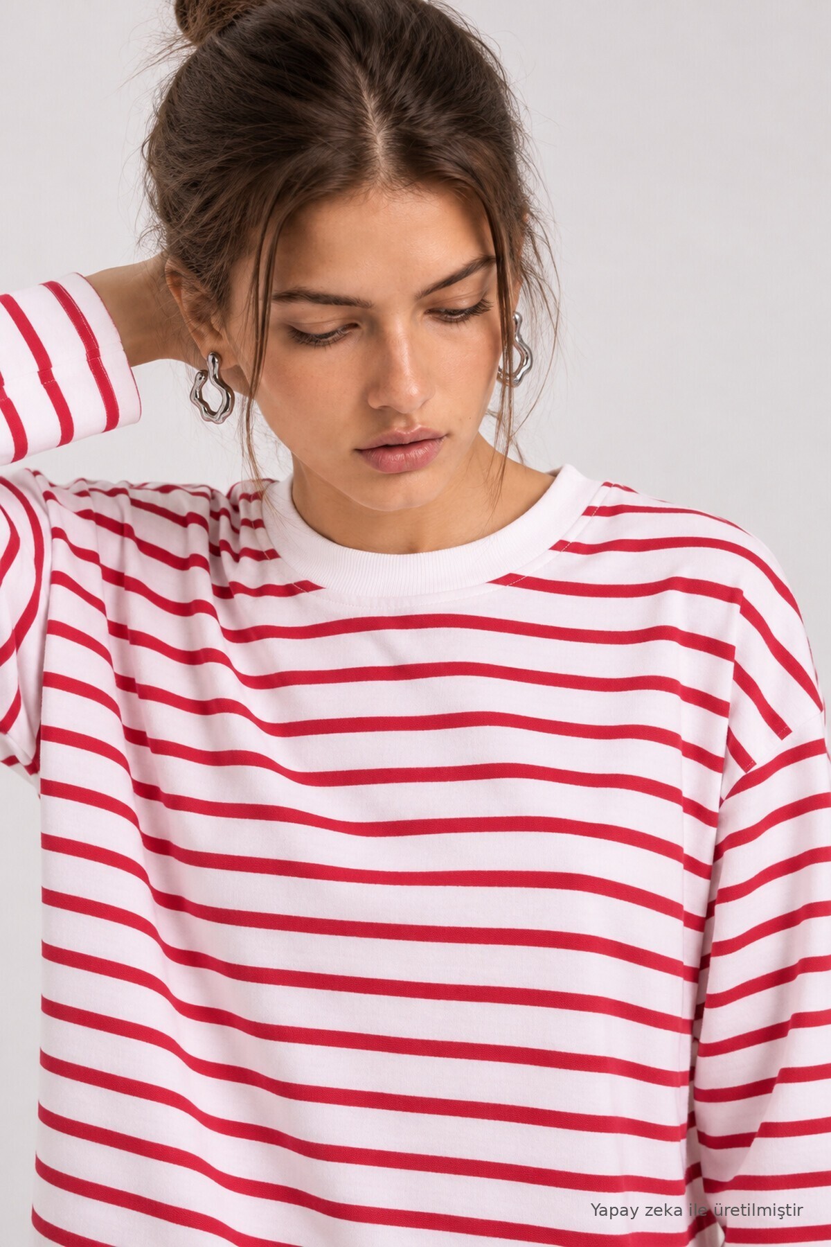 Oversize Çizgili Örme Sweatshirt KIRMIZI BEYAZ LRN0079