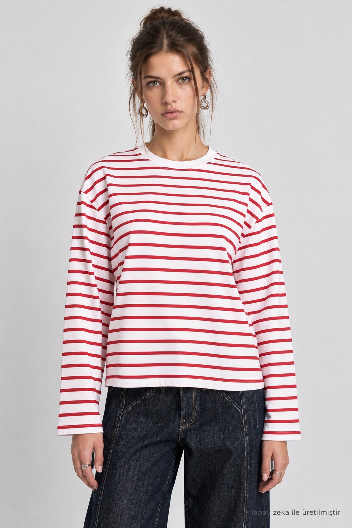 Oversize Çizgili Örme Sweatshirt KIRMIZI BEYAZ LRN0079