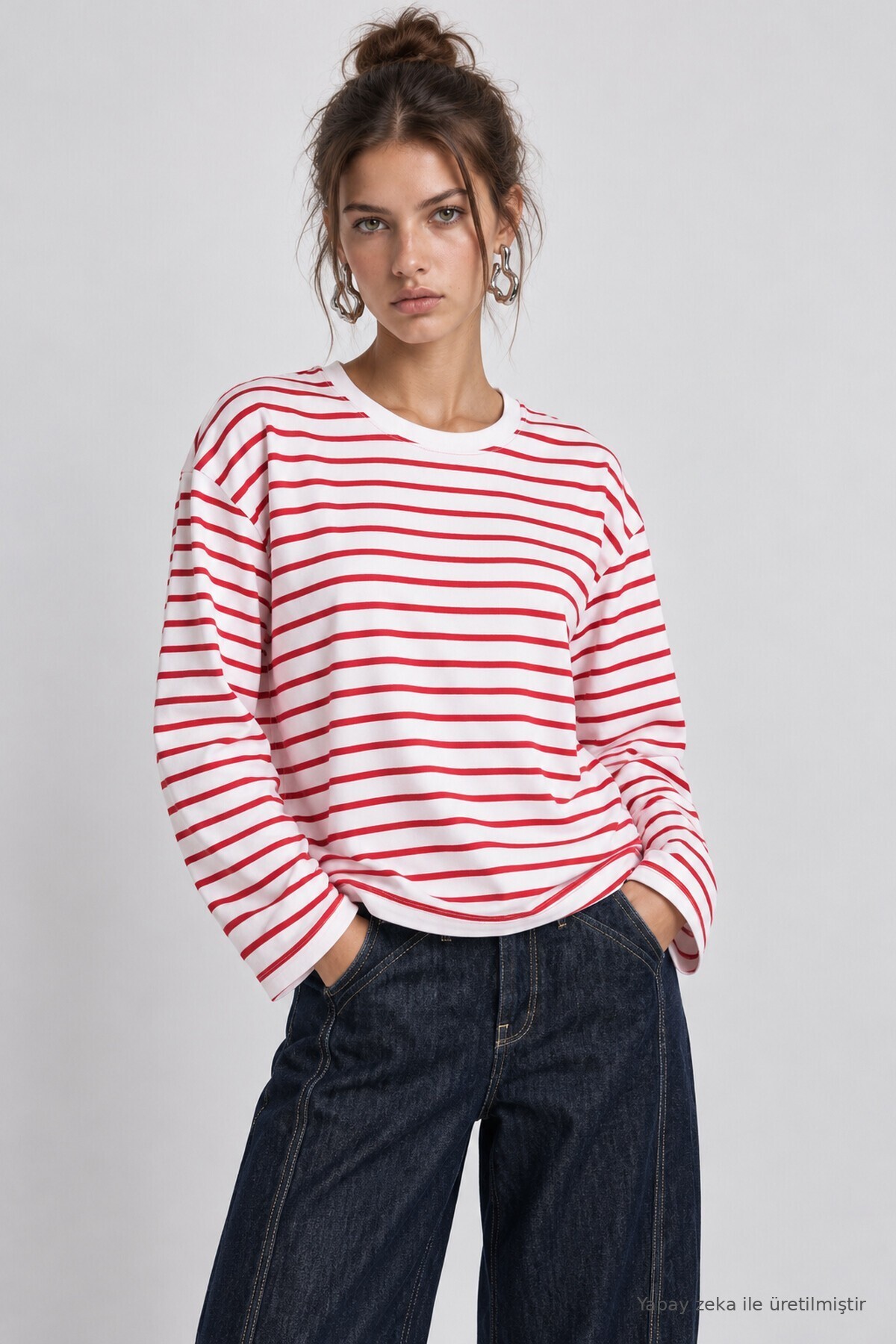 Oversize Çizgili Örme Sweatshirt KIRMIZI BEYAZ LRN0079
