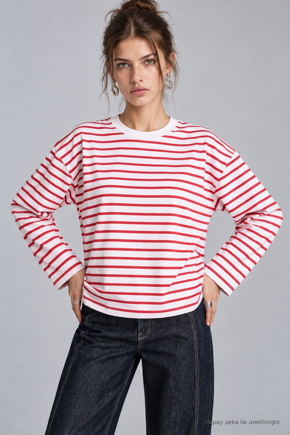Oversize Çizgili Örme Sweatshirt KIRMIZI BEYAZ LRN0079