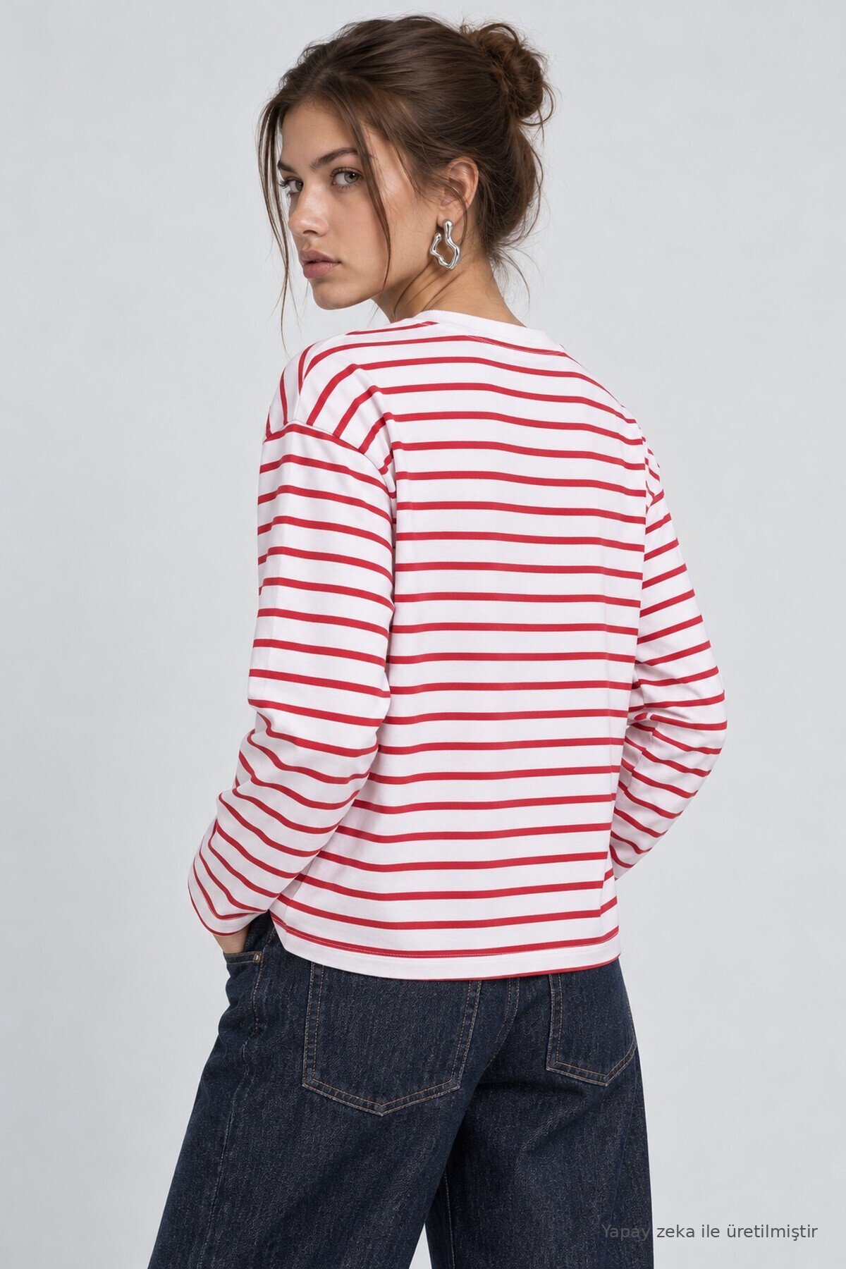 Oversize Çizgili Örme Sweatshirt KIRMIZI BEYAZ LRN0079