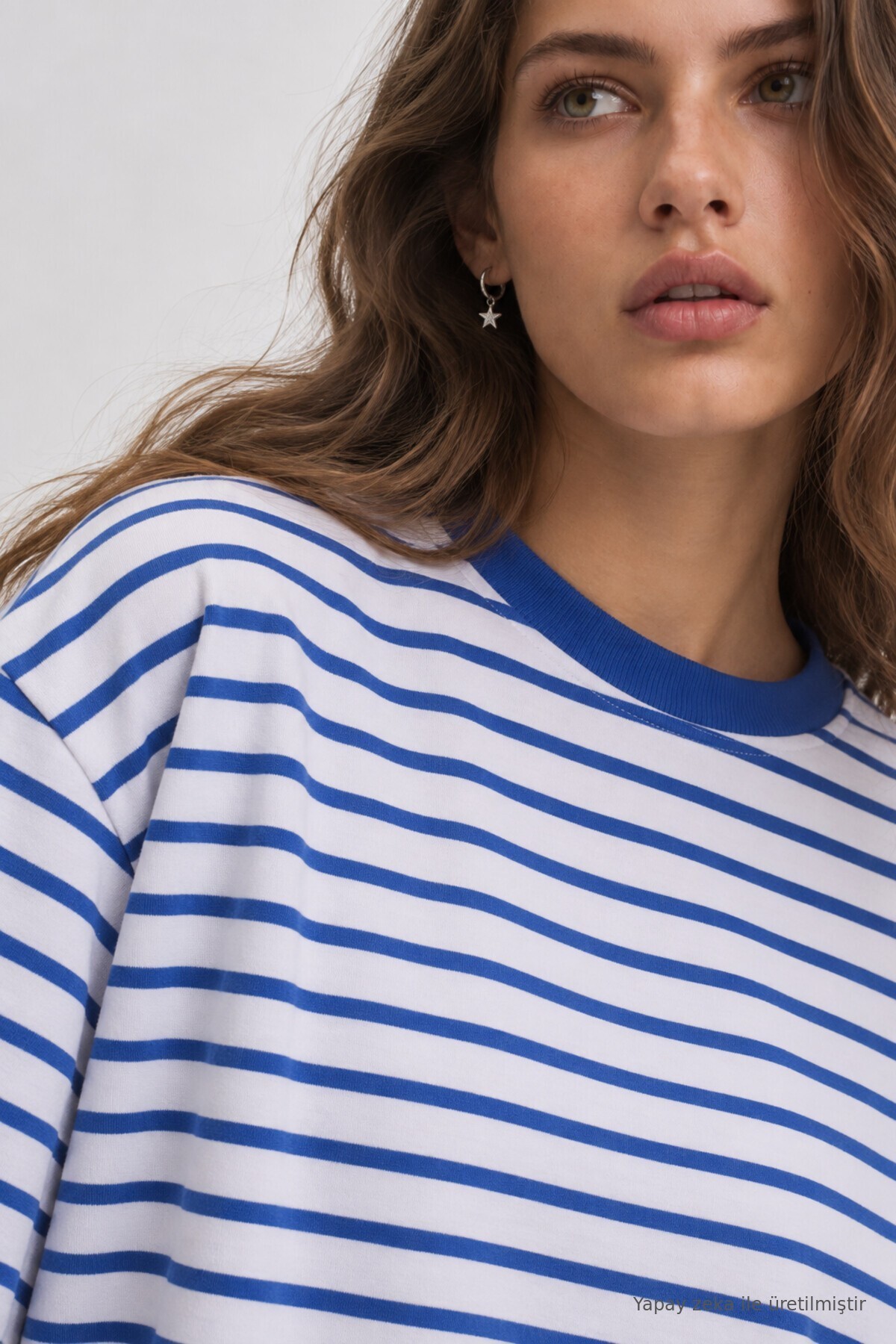 Oversize Çizgili Örme Sweatshirt MAVİ EKRU LRN0079