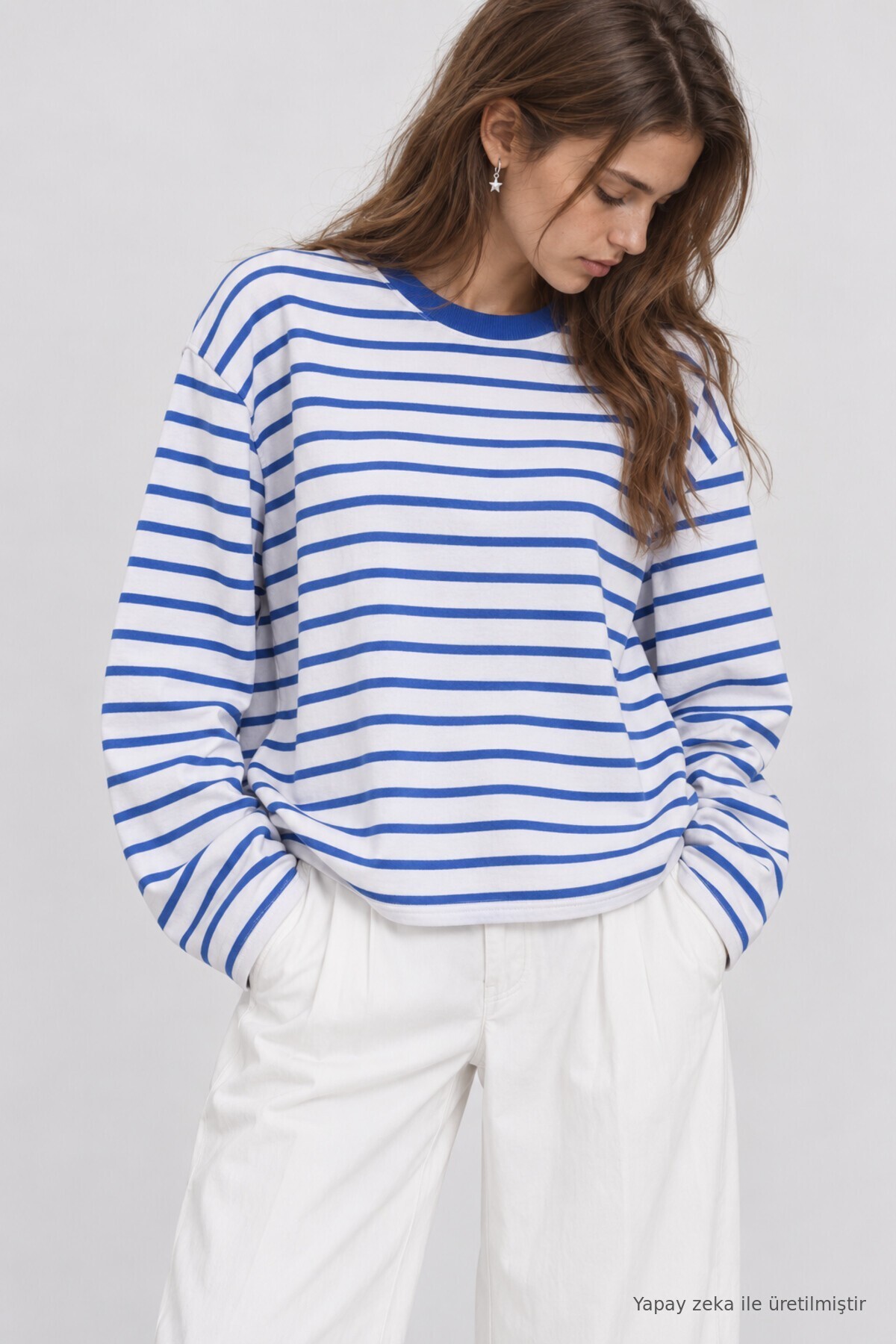Oversize Çizgili Örme Sweatshirt MAVİ EKRU LRN0079