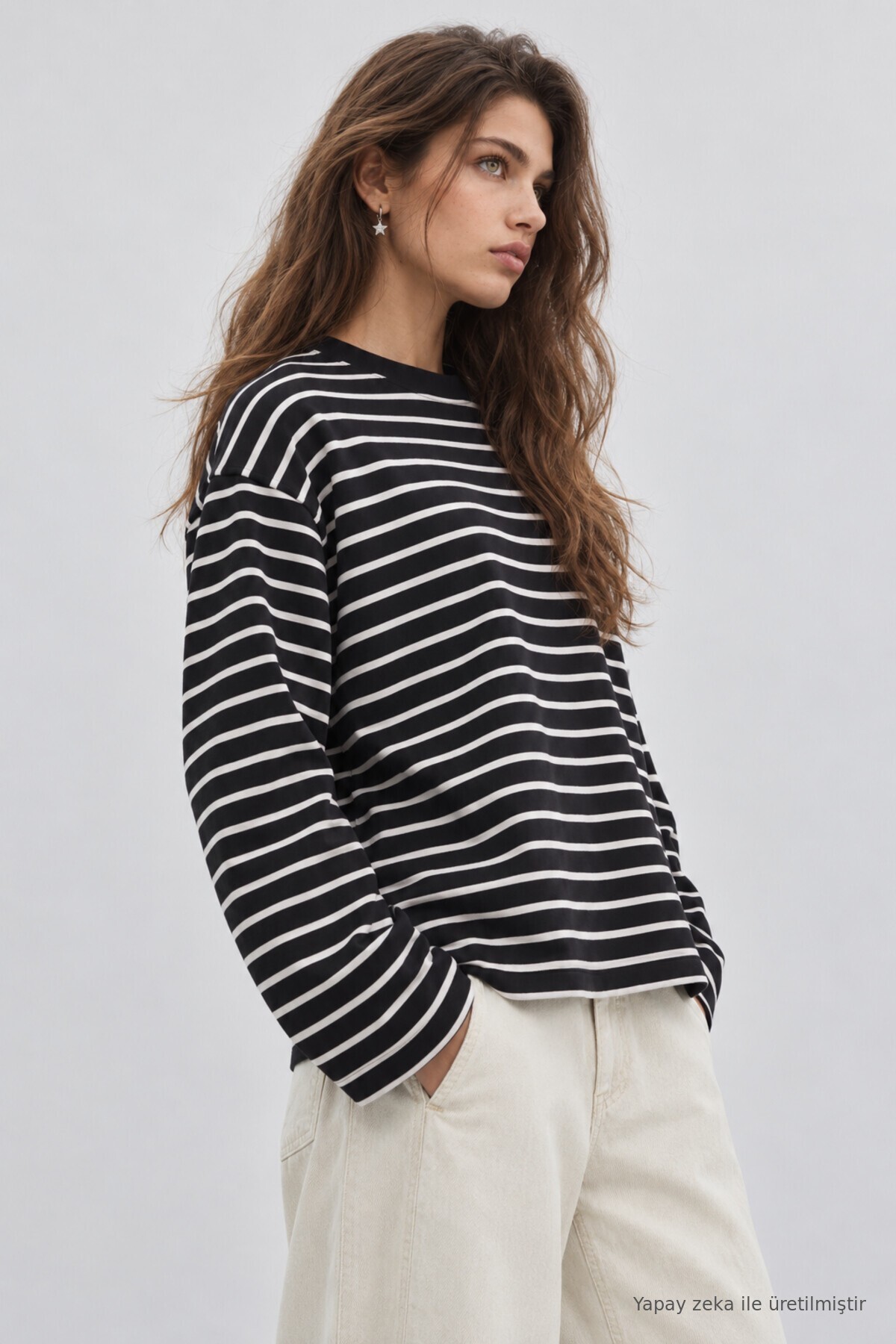 Oversize Çizgili Örme Sweatshirt SİYAH EKRU LRN0079