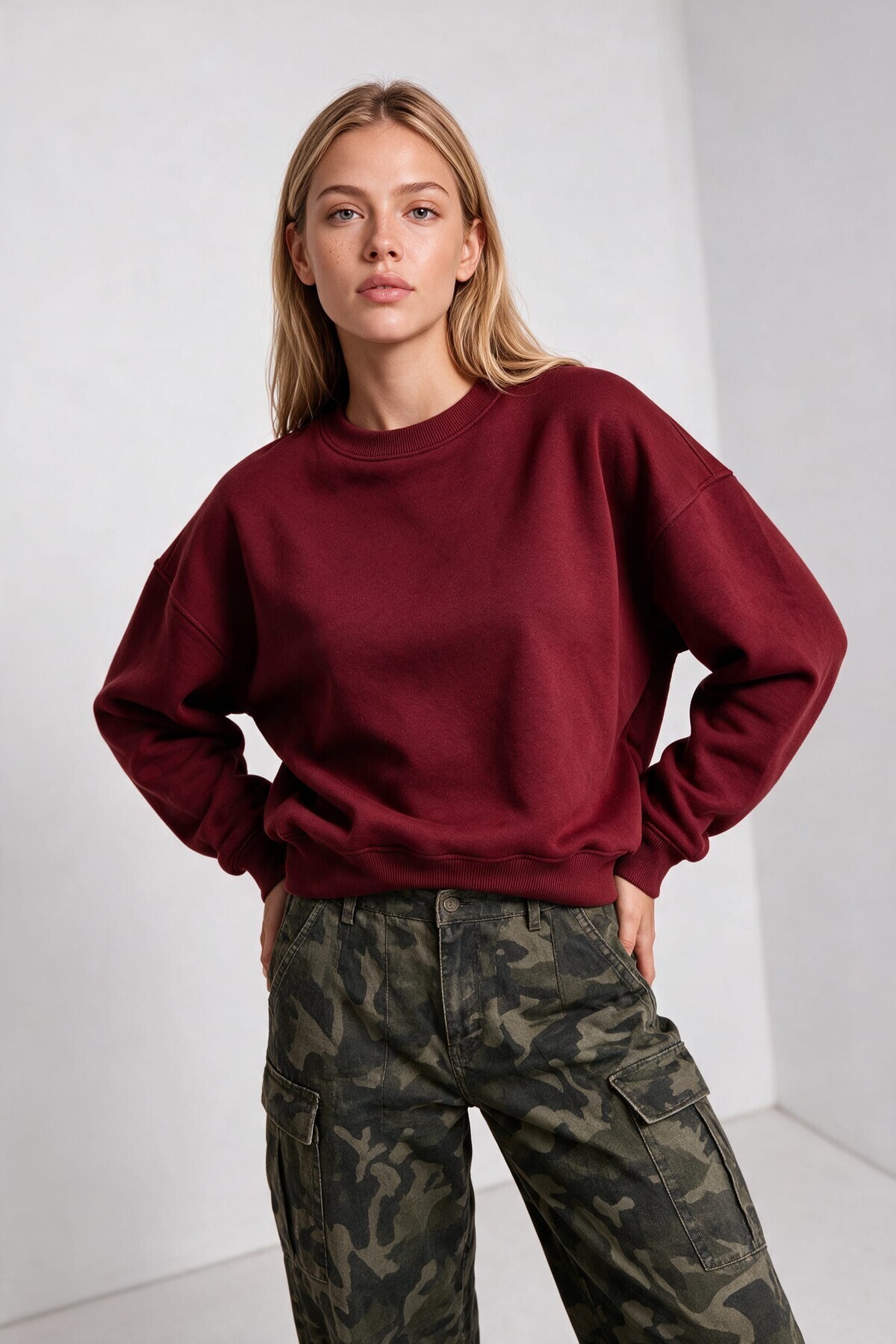 Oversize Şardonlu Basic Sweatshirt BORDO LRN0082