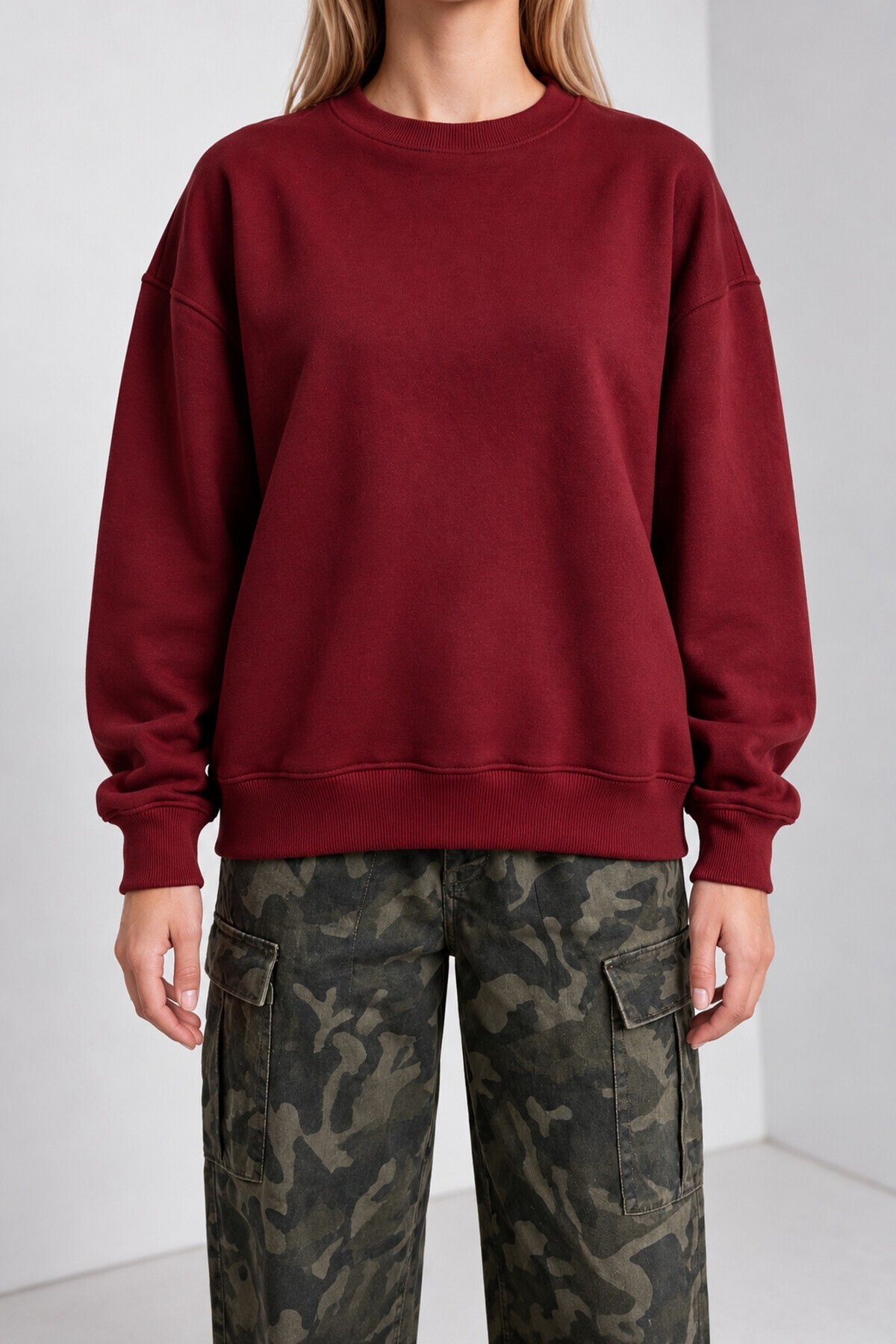 Oversize Şardonlu Basic Sweatshirt BORDO LRN0082