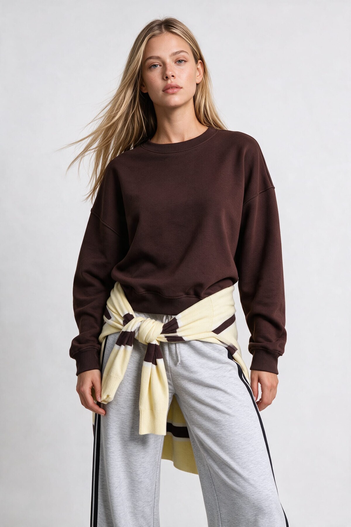 Oversize Şardonlu Basic Sweatshirt KAHVERENGİ LRN0082