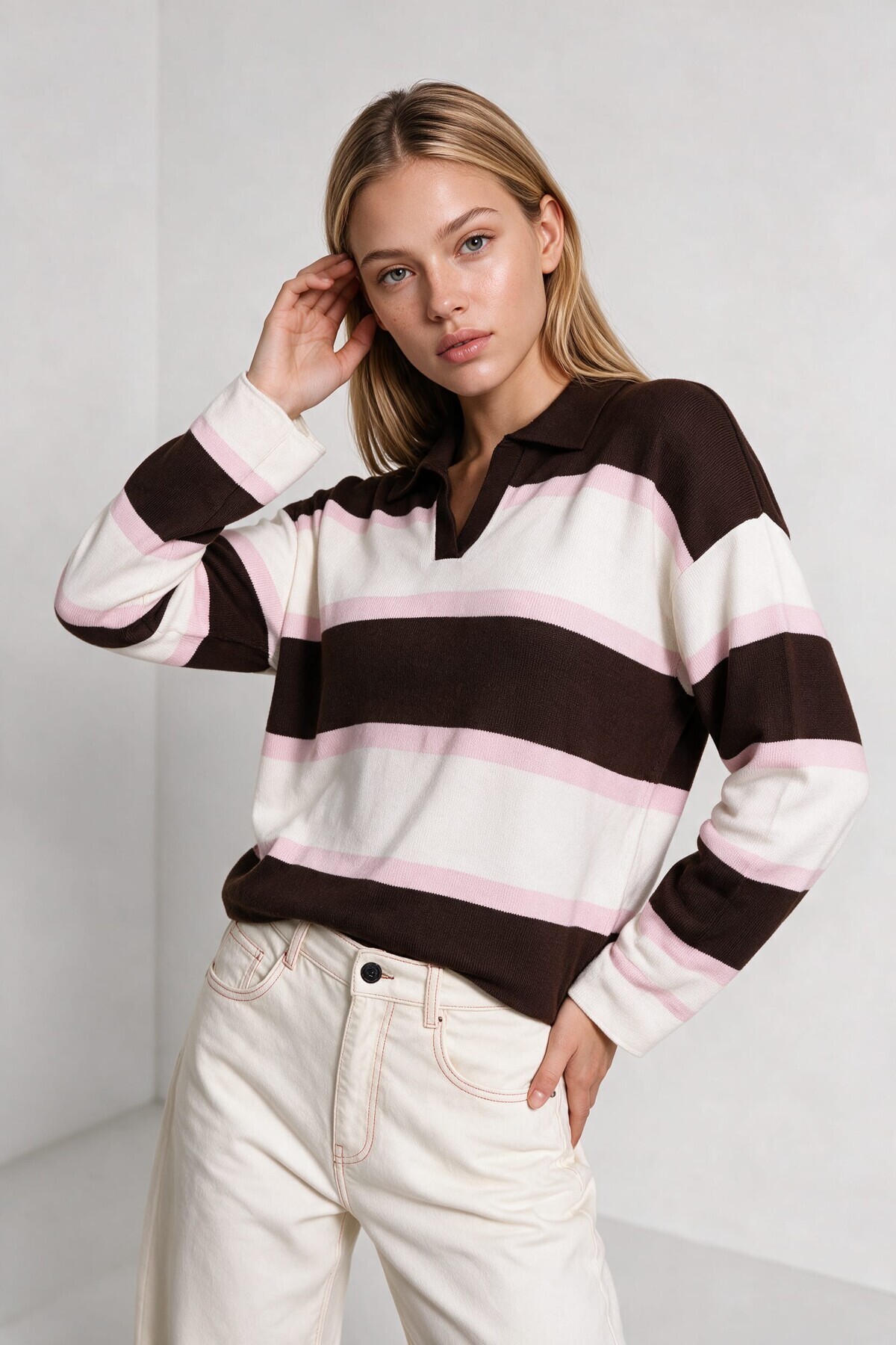 Polo Yaka Çizgili Triko Kazak KAHVERENGİ PEMBE LNT0047