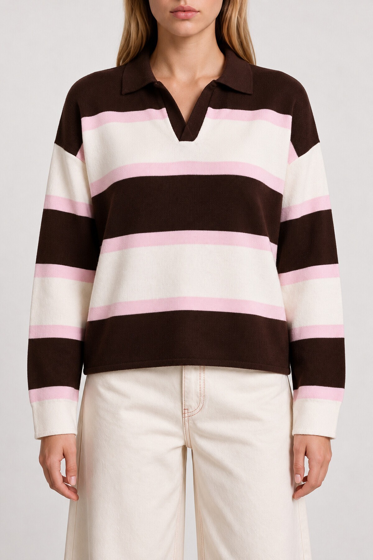 Polo Yaka Çizgili Triko Kazak KAHVERENGİ PEMBE LNT0047
