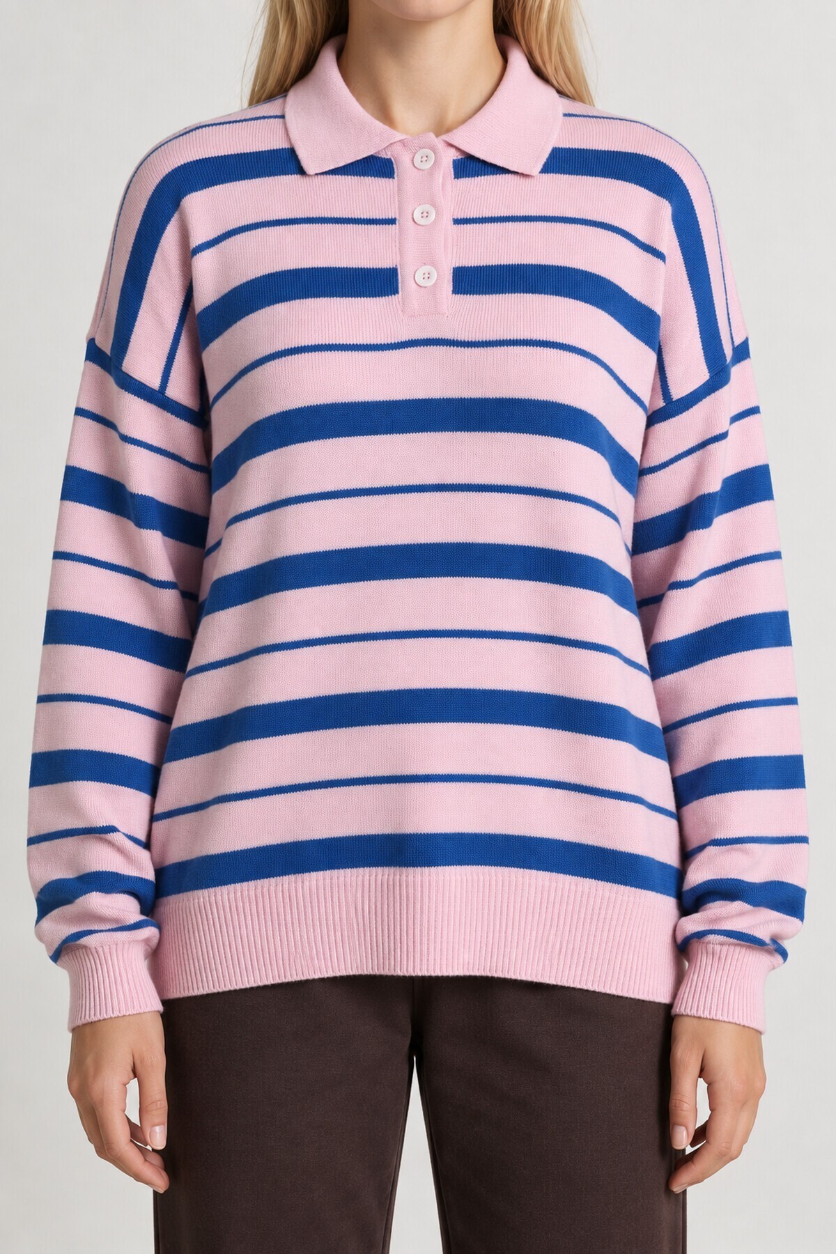 Polo Yaka Çizgili Triko Kazak PEMBE MAVİ LNT0045