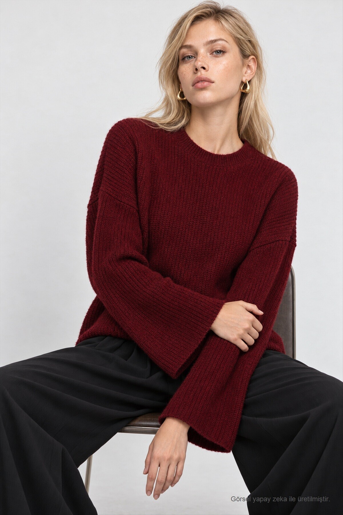 Selanik Örgü Oversize Triko Kazak BORDO LKR0002