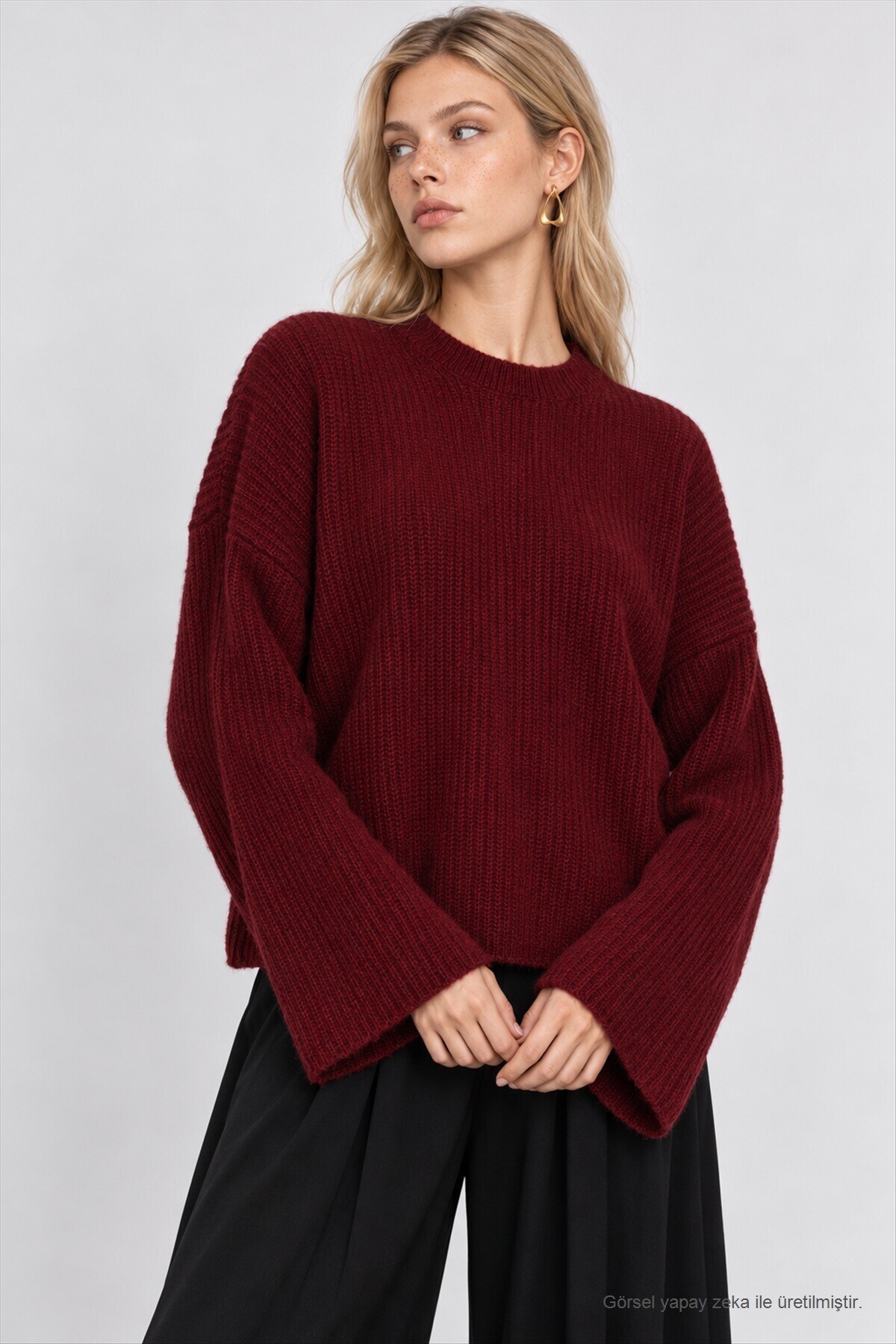 Selanik Örgü Oversize Triko Kazak BORDO LKR0002