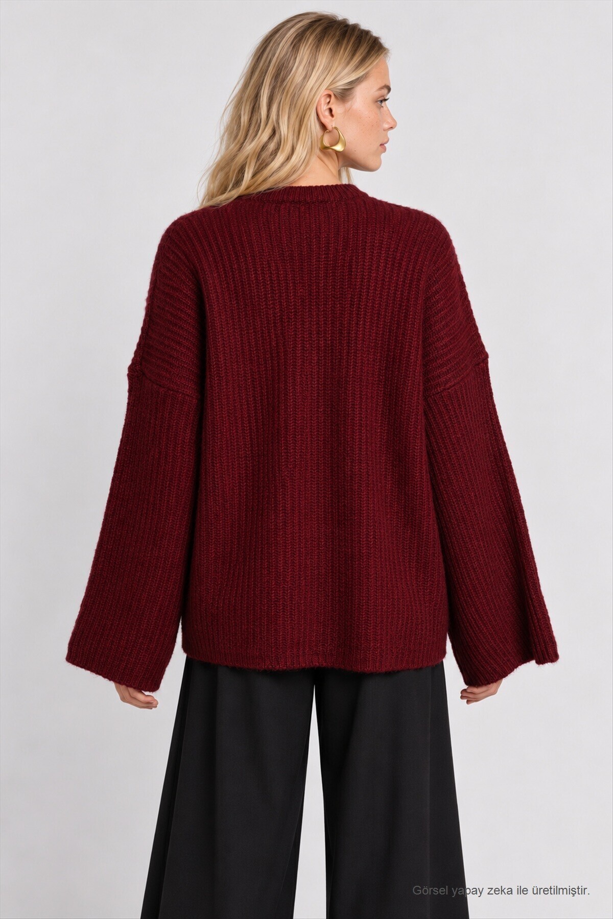Selanik Örgü Oversize Triko Kazak BORDO LKR0002
