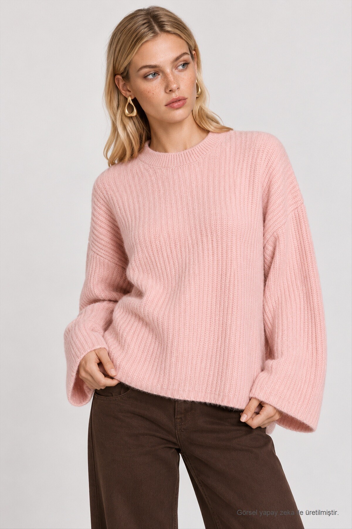 Selanik Örgü Oversize Triko Kazak PEMBE LKR0002