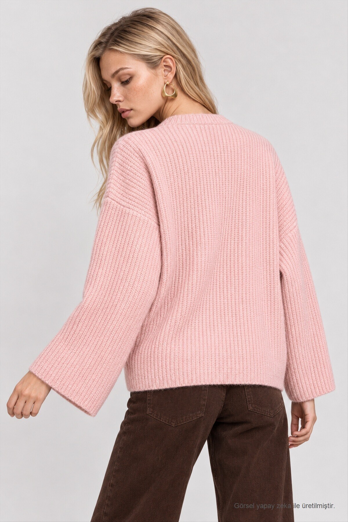 Selanik Örgü Oversize Triko Kazak PEMBE LKR0002