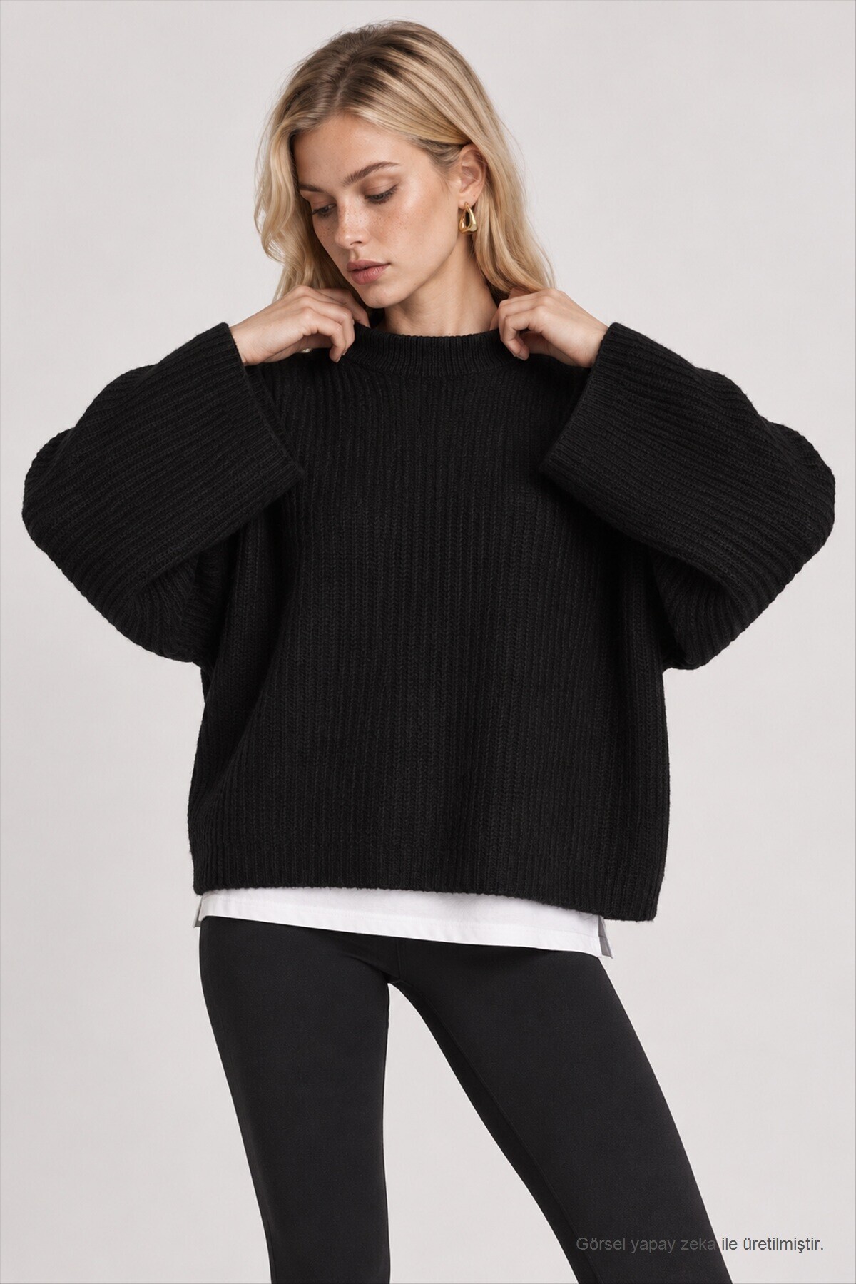 Selanik Örgü Oversize Triko Kazak SİYAH LKR0002