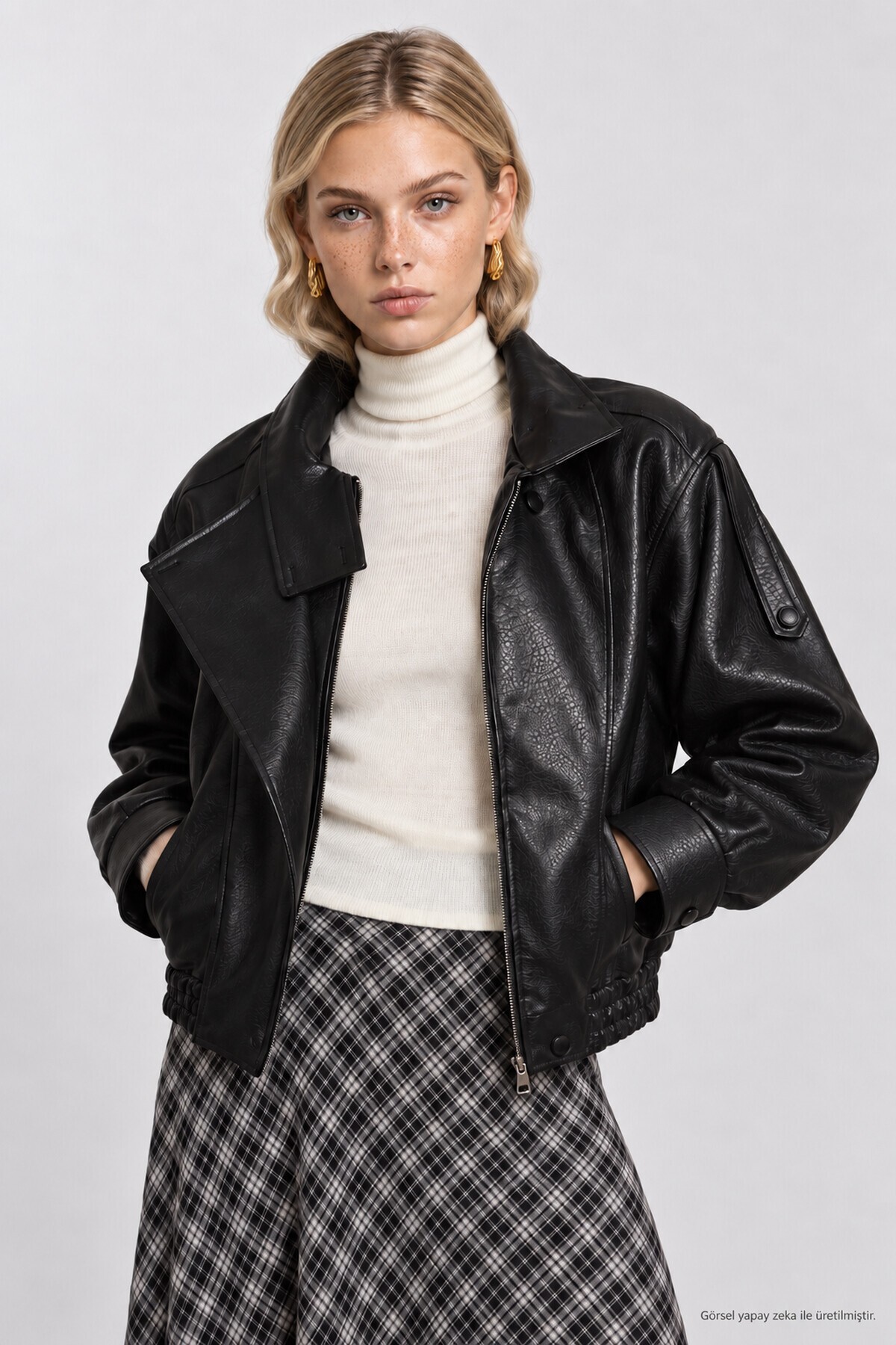 Suni Deri Biker Ceket SİYAH LAZ0022