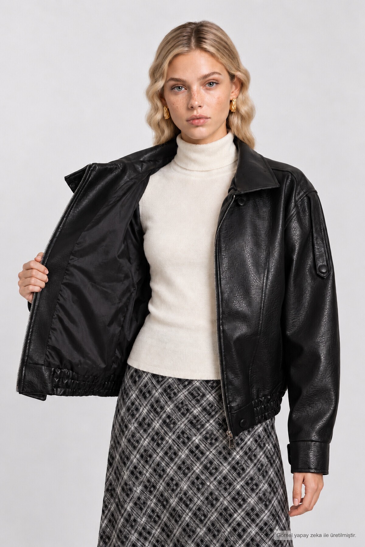 Suni Deri Biker Ceket SİYAH LAZ0022