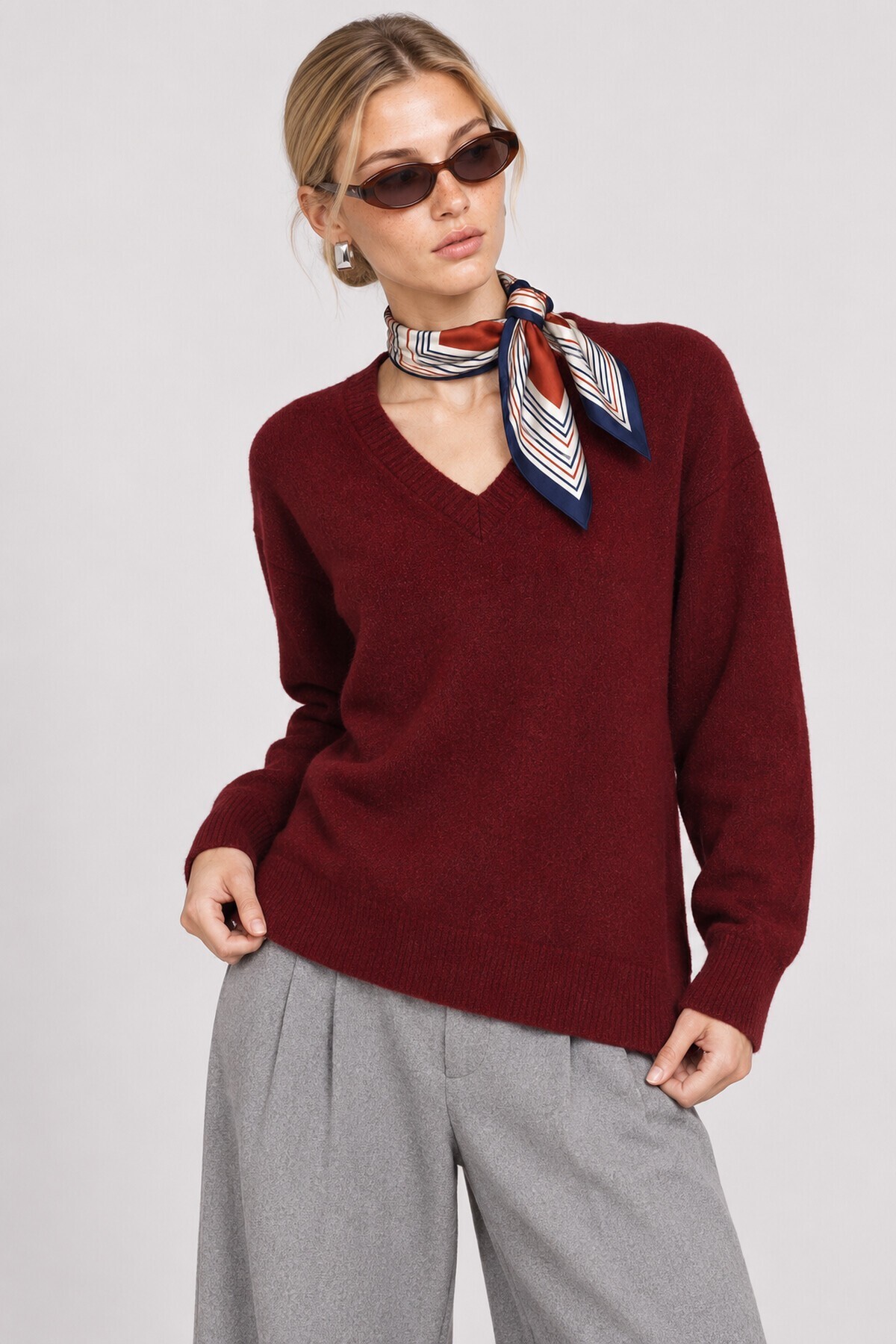 V Yaka Oversize Triko Kazak 4289 BORDO LKİ0061