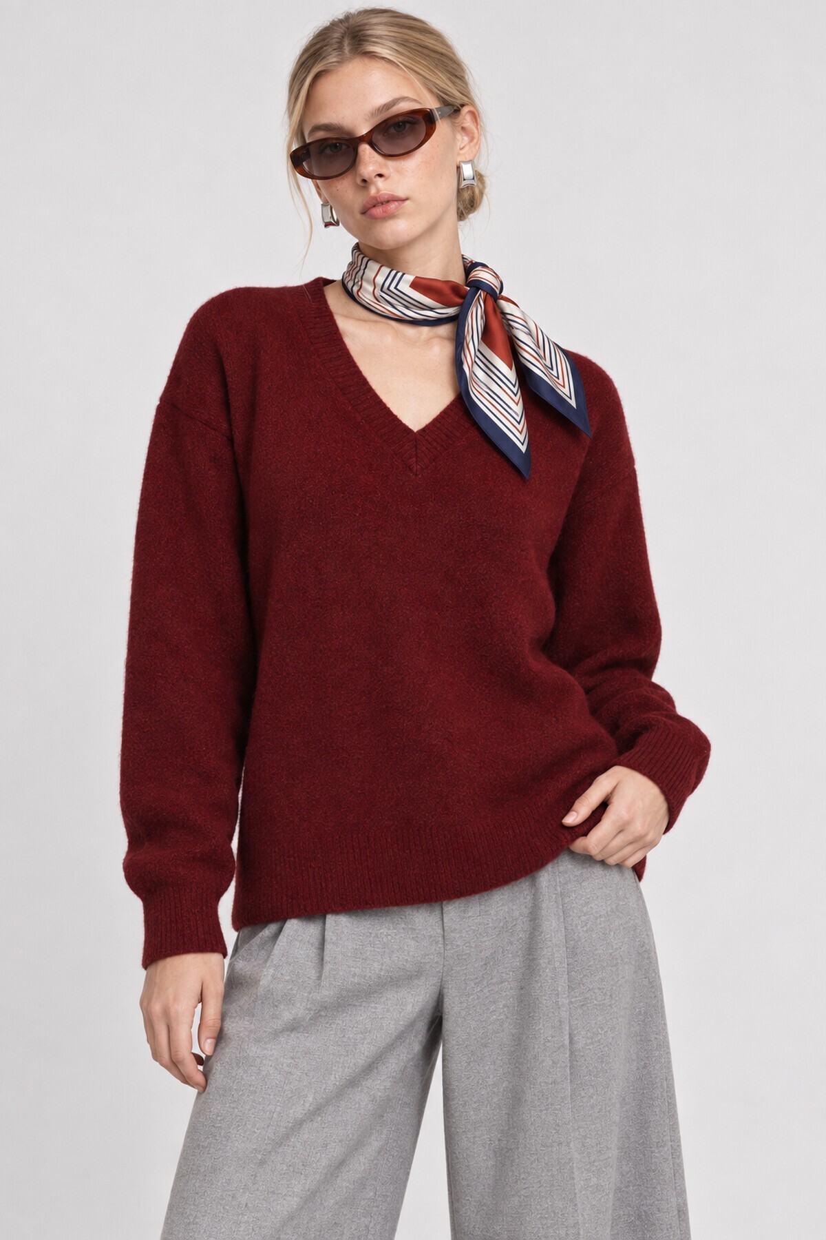 V Yaka Oversize Triko Kazak 4289 BORDO LKİ0061