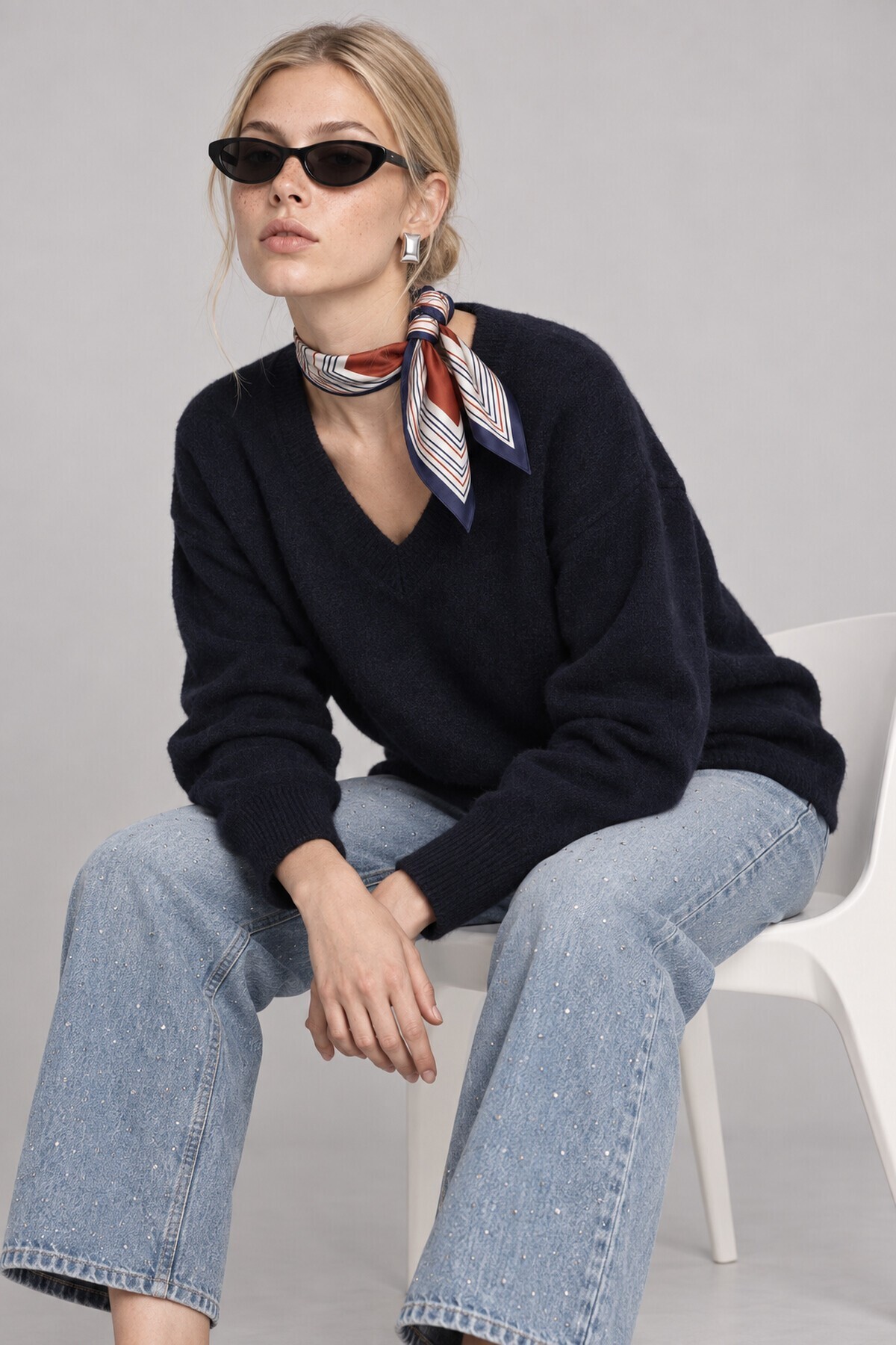 V Yaka Oversize Triko Kazak 4289 LACİVERT LKİ0061
