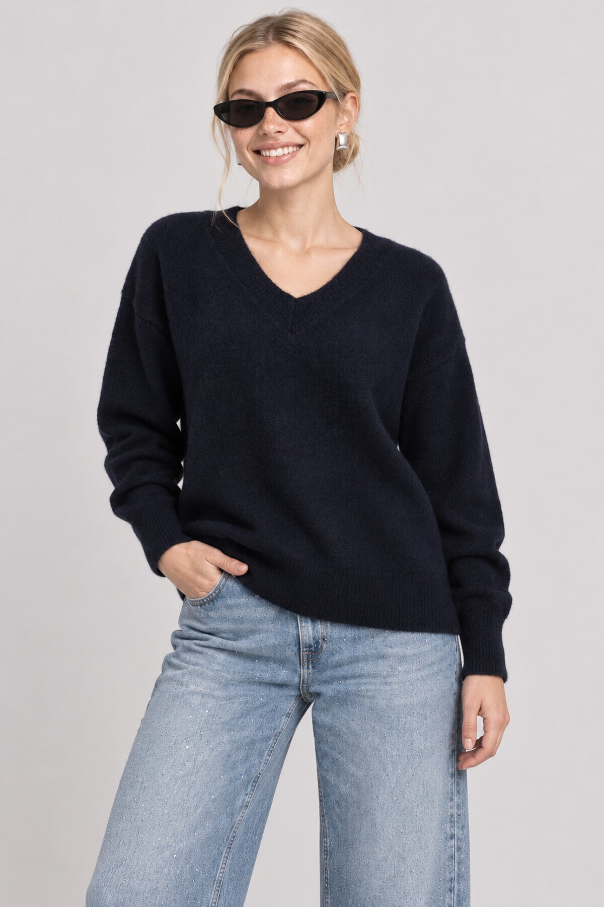 V Yaka Oversize Triko Kazak 4289 LACİVERT LKİ0061