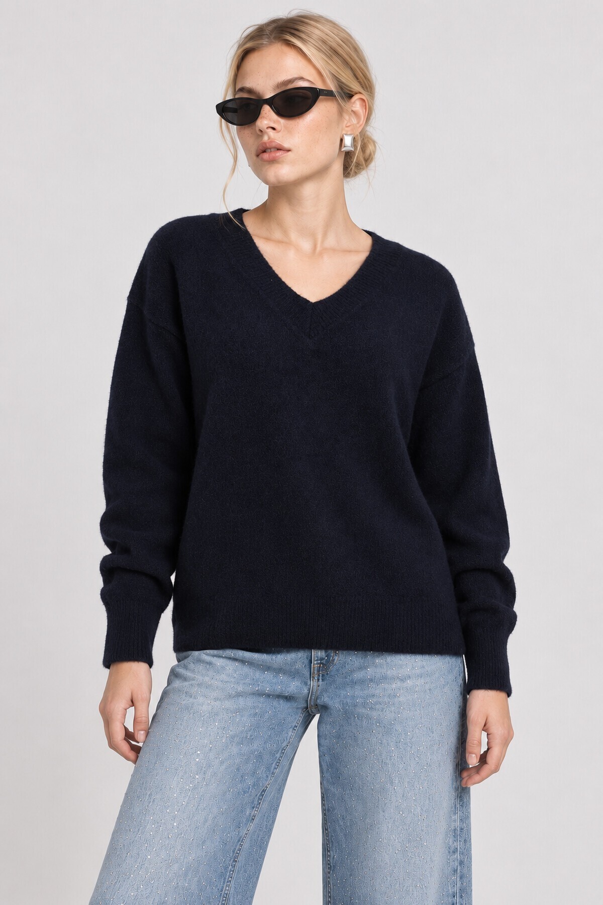 V Yaka Oversize Triko Kazak 4289 LACİVERT LKİ0061