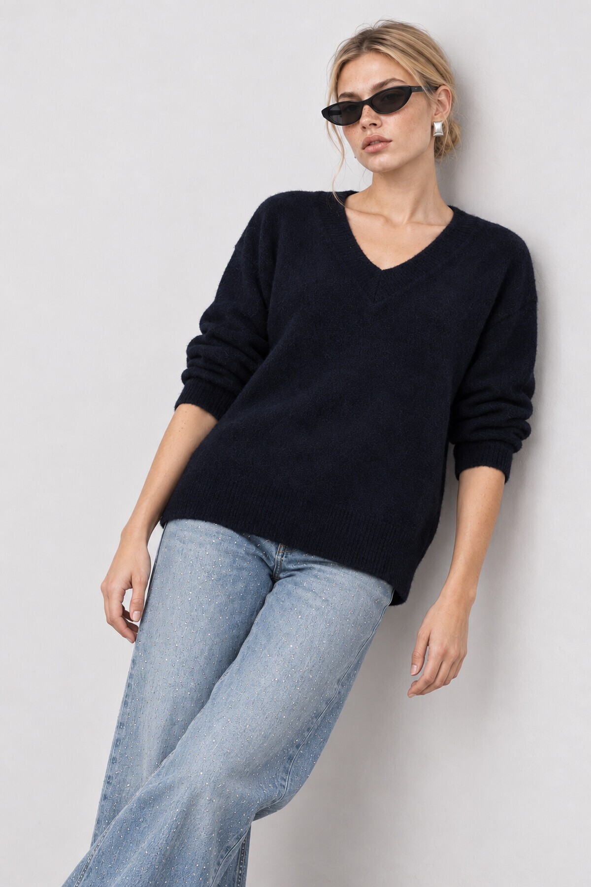 V Yaka Oversize Triko Kazak 4289 LACİVERT LKİ0061