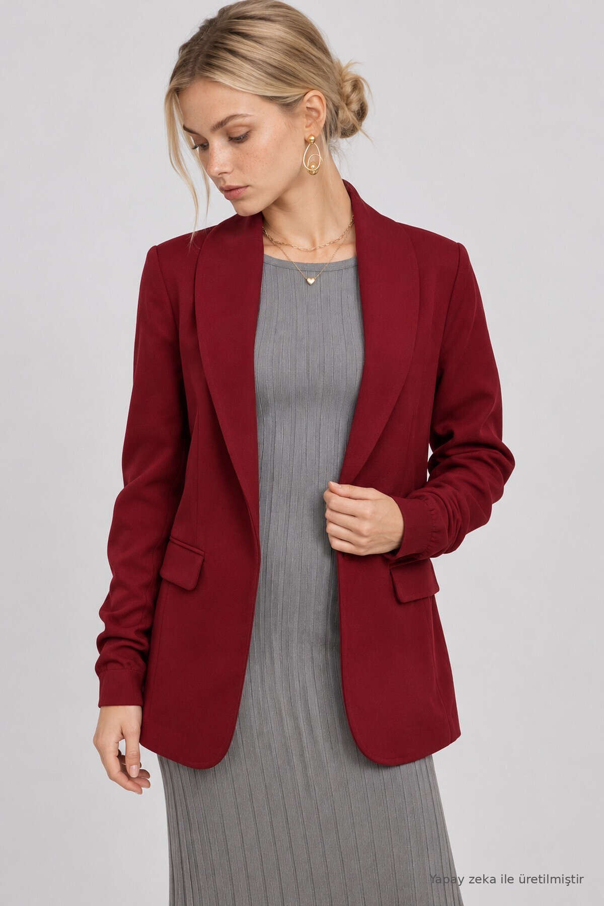 Vatkalı Büzgü Detaylı Dokuma Blazer Ceket BORDO LNT0050