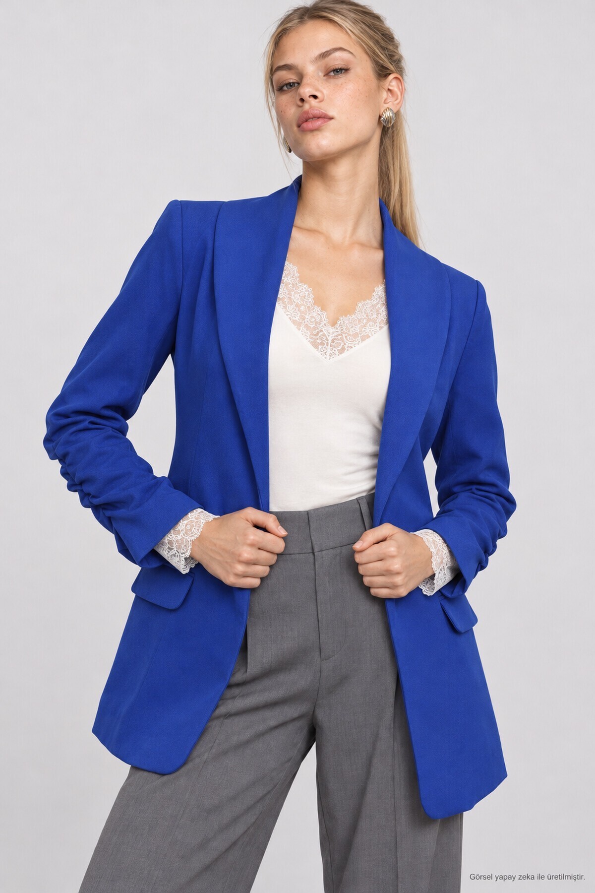 Vatkalı Büzgü Detaylı Dokuma Blazer Ceket KOYU MAVİ LNT0050
