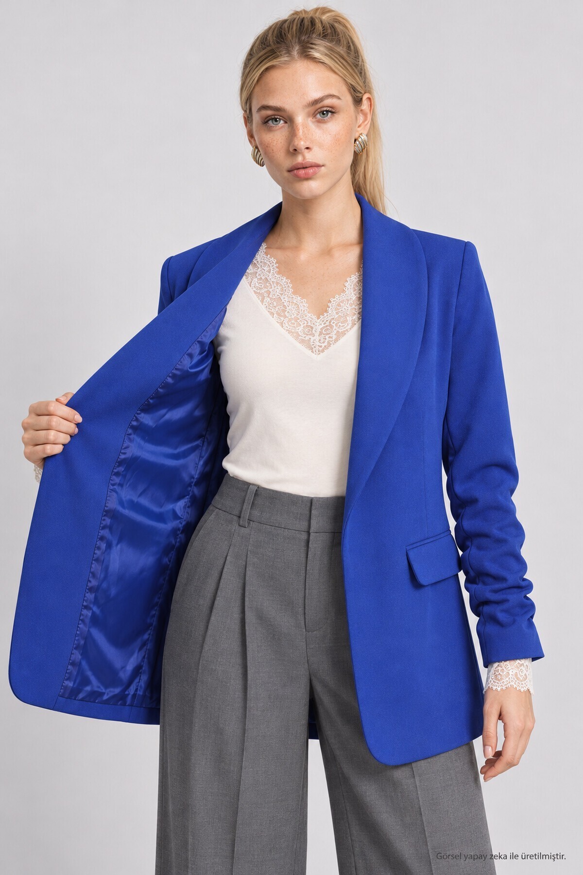 Vatkalı Büzgü Detaylı Dokuma Blazer Ceket KOYU MAVİ LNT0050