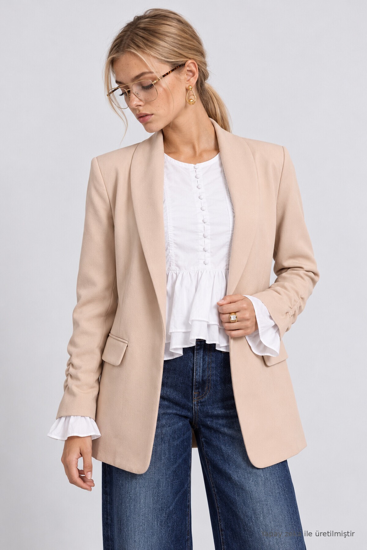 Vatkalı Büzgü Detaylı Dokuma Blazer Ceket KREM LNT0050