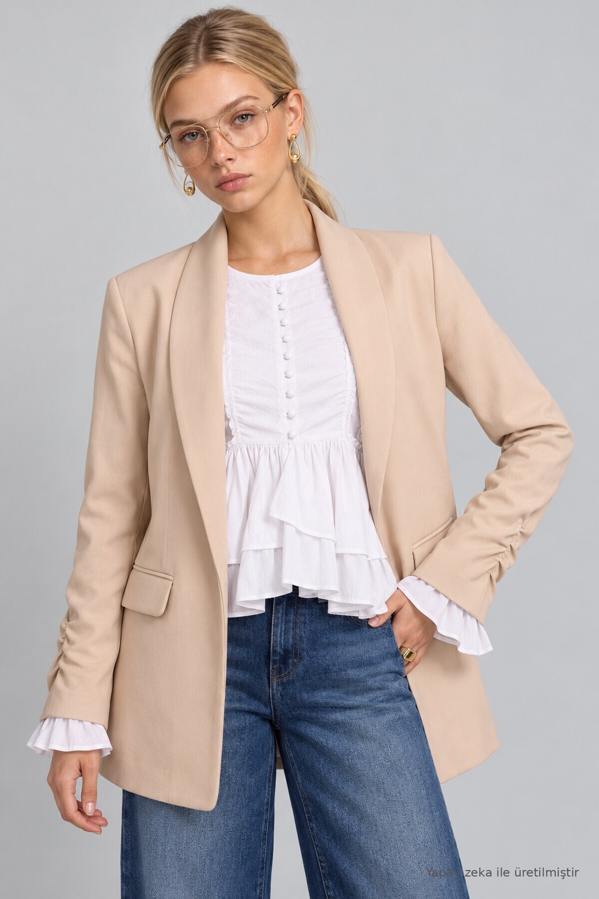 Vatkalı Büzgü Detaylı Dokuma Blazer Ceket KREM LNT0050