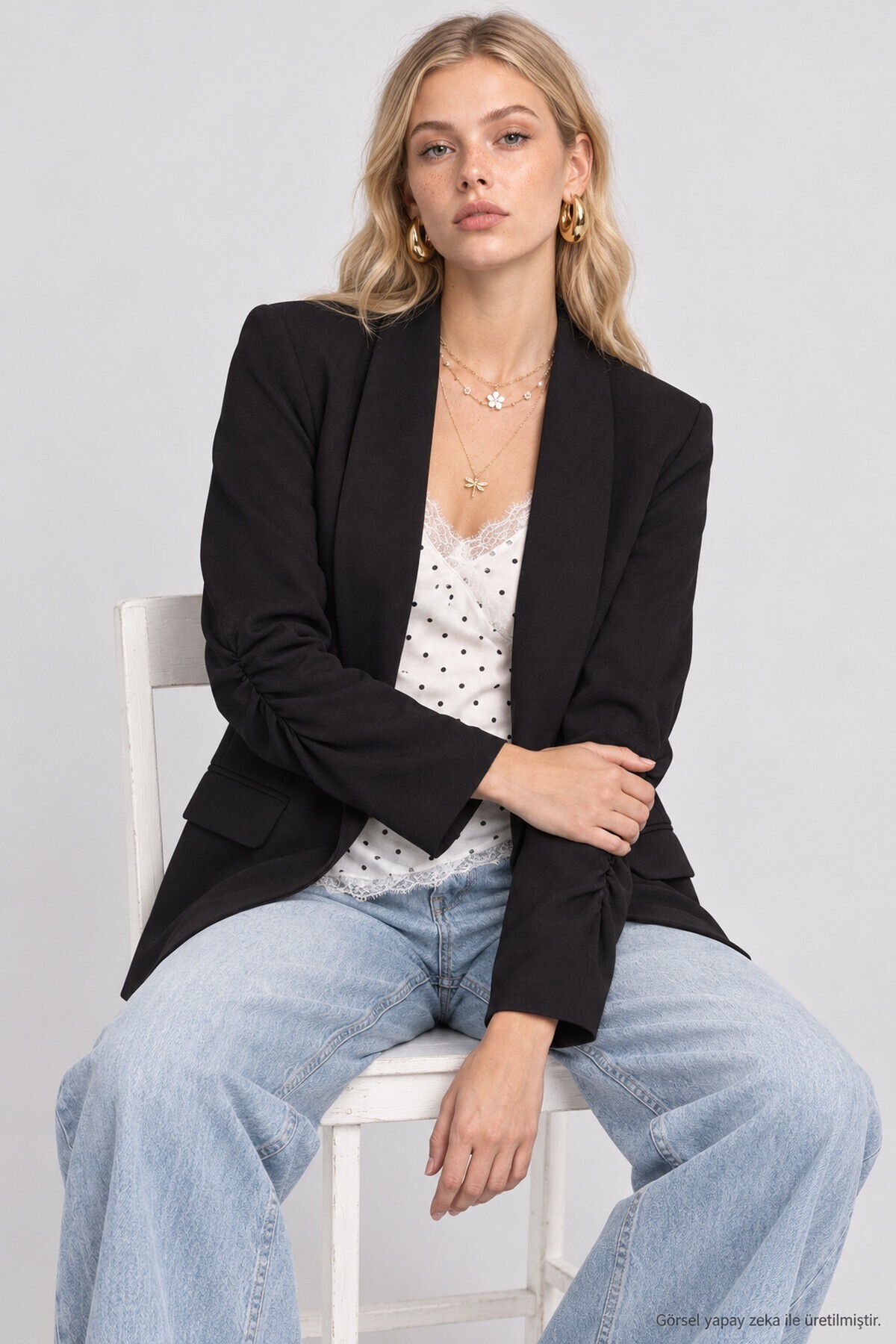 Vatkalı Büzgü Detaylı Dokuma Blazer Ceket SİYAH LNT0050