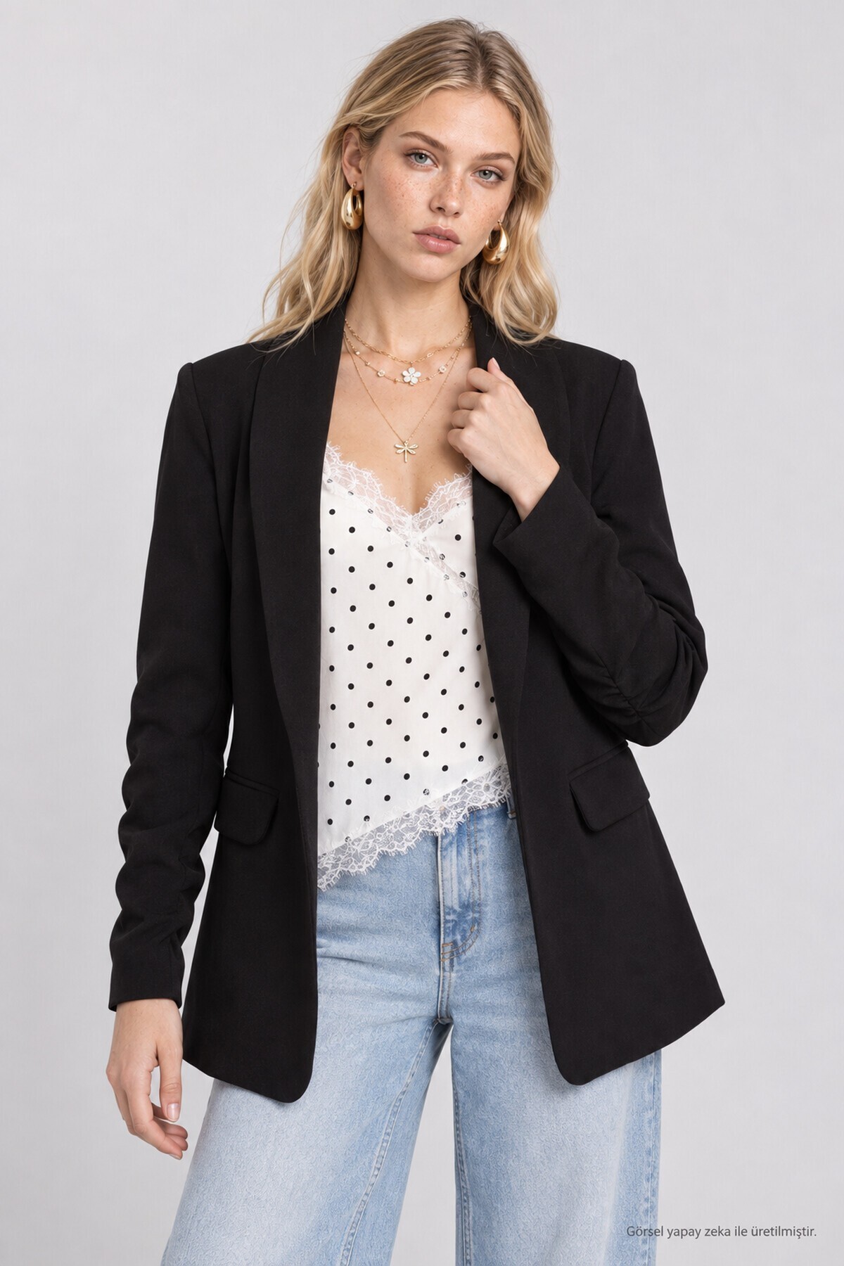 Vatkalı Büzgü Detaylı Dokuma Blazer Ceket SİYAH LNT0050