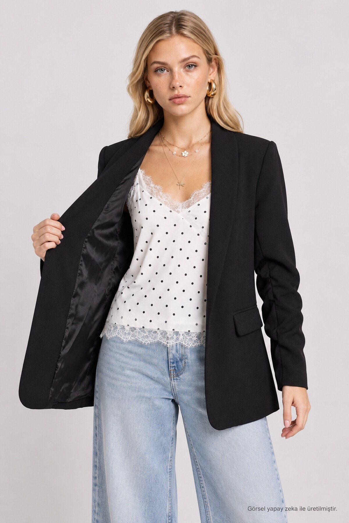 Vatkalı Büzgü Detaylı Dokuma Blazer Ceket SİYAH LNT0050