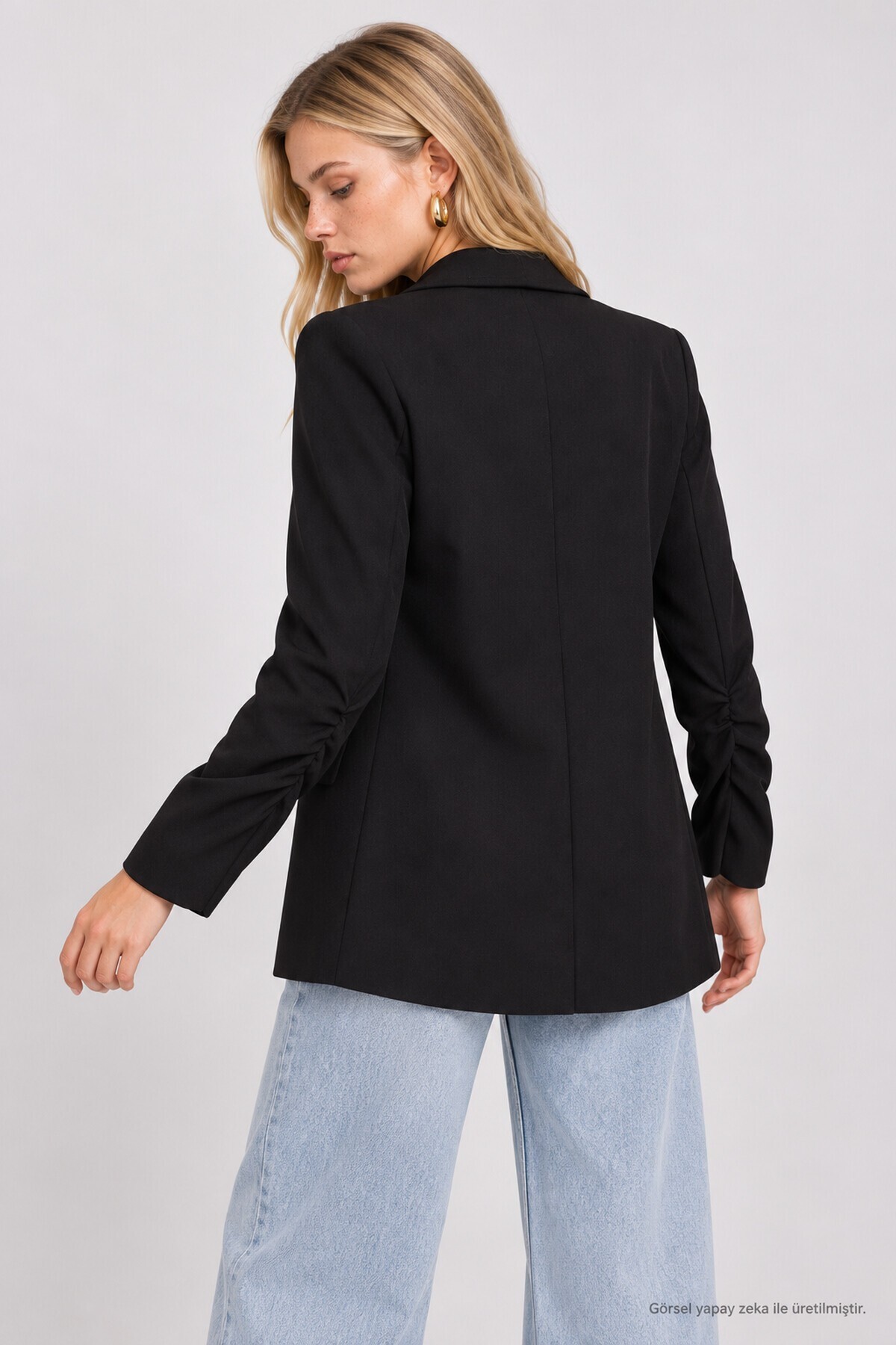 Vatkalı Büzgü Detaylı Dokuma Blazer Ceket SİYAH LNT0050