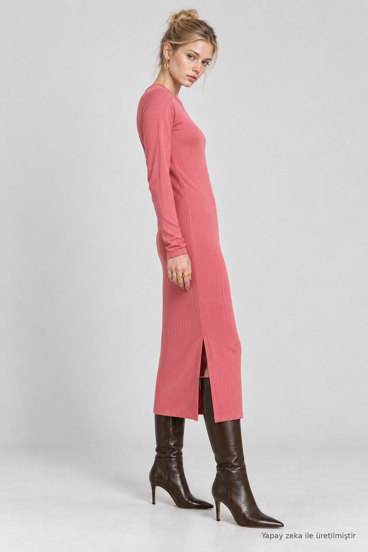 Yırtmaçlı Fitilli Örme Elbise PEMBE LNZ0011