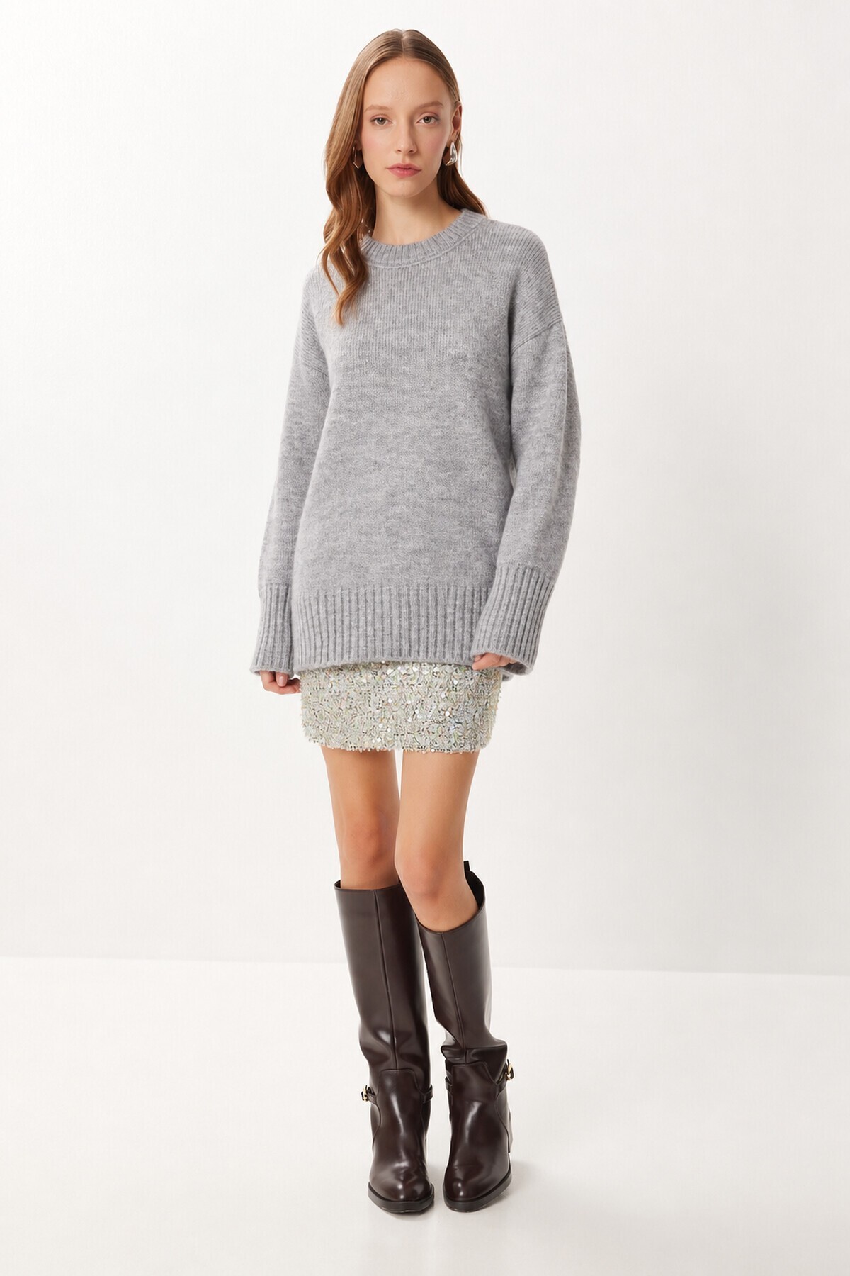 Yumuşak Dokulu Oversize Triko Kazak GRİ LPF0063