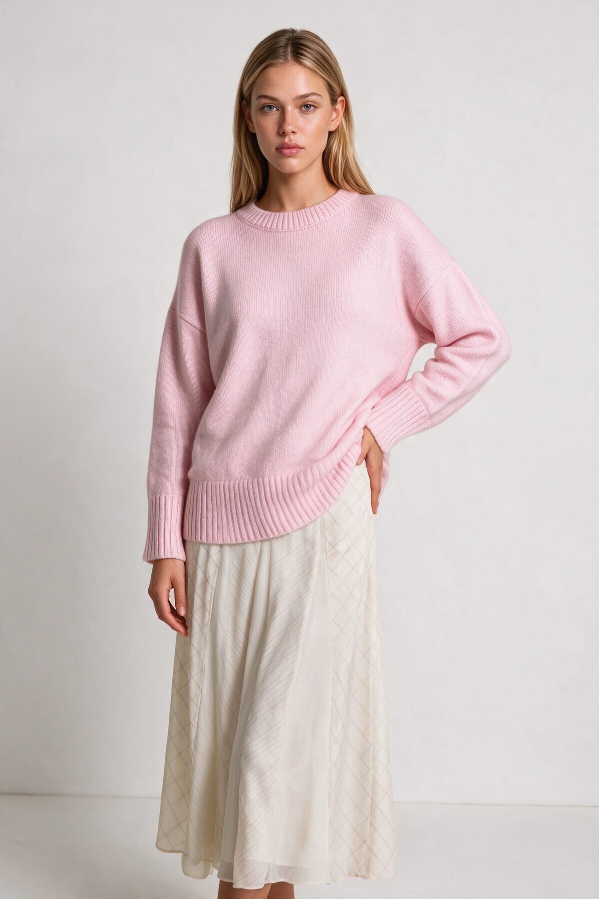 Yumuşak Dokulu Oversize Triko Kazak ŞEKER PEMBE LPF0063