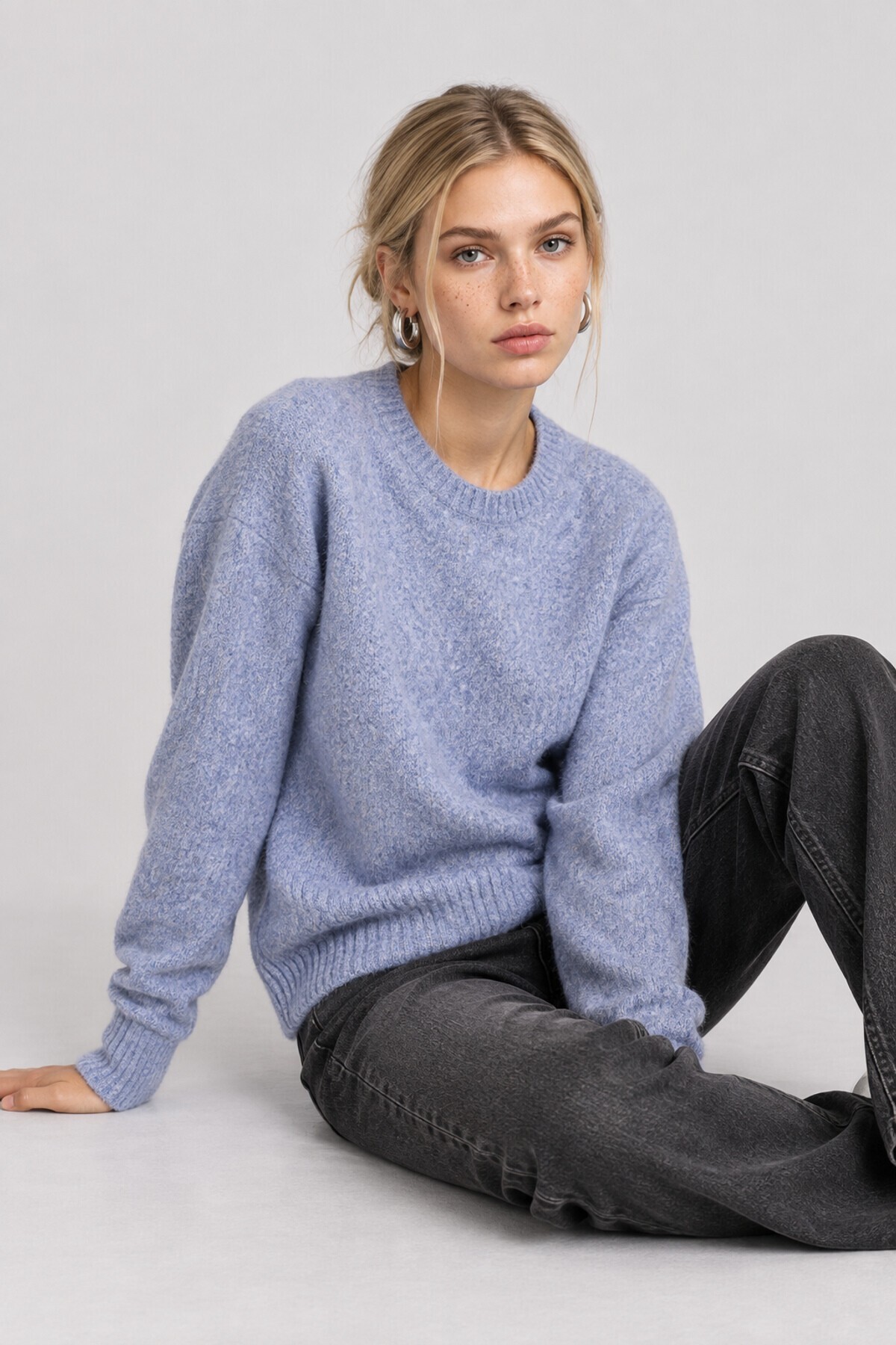 Yün Karışımlı Oversize Triko Kazak 4270 AÇIK MAVİ LKİ0062