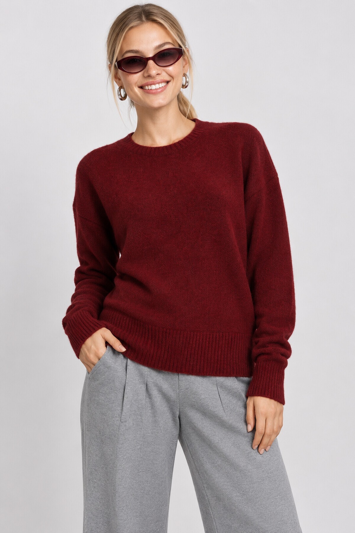 Yün Karışımlı Oversize Triko Kazak 4270 BORDO LKİ0062