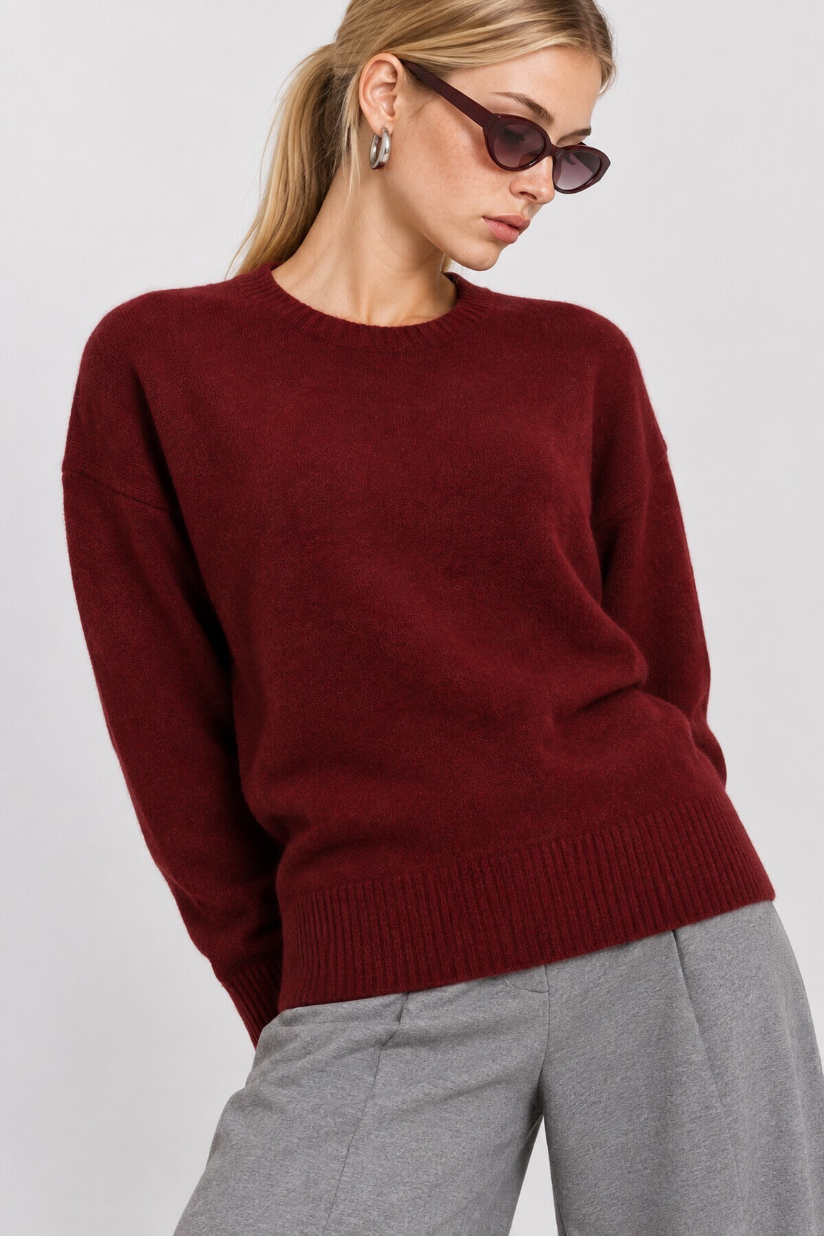 Yün Karışımlı Oversize Triko Kazak 4270 BORDO LKİ0062