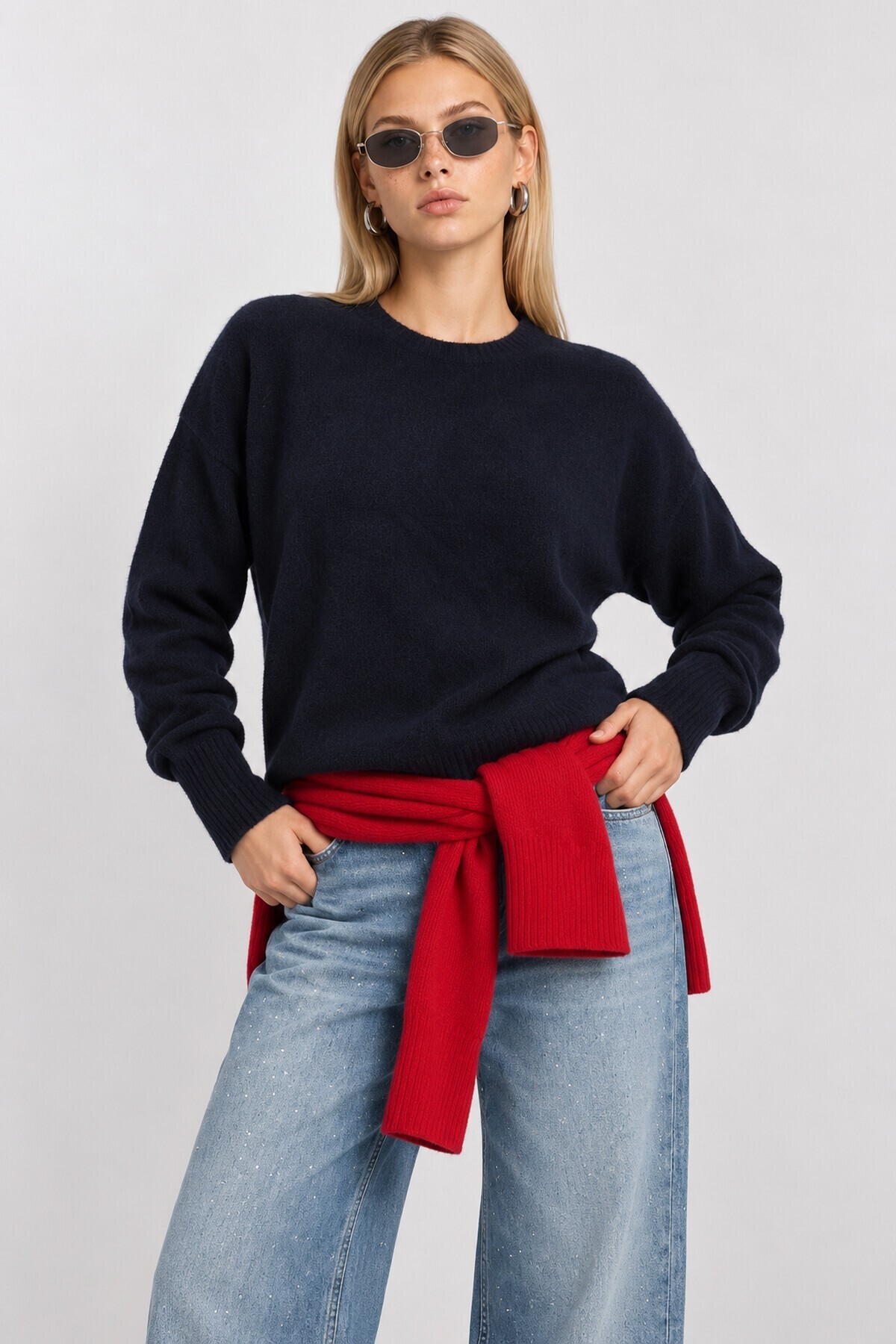 Yün Karışımlı Oversize Triko Kazak 4270 LACİVERT LKİ0062
