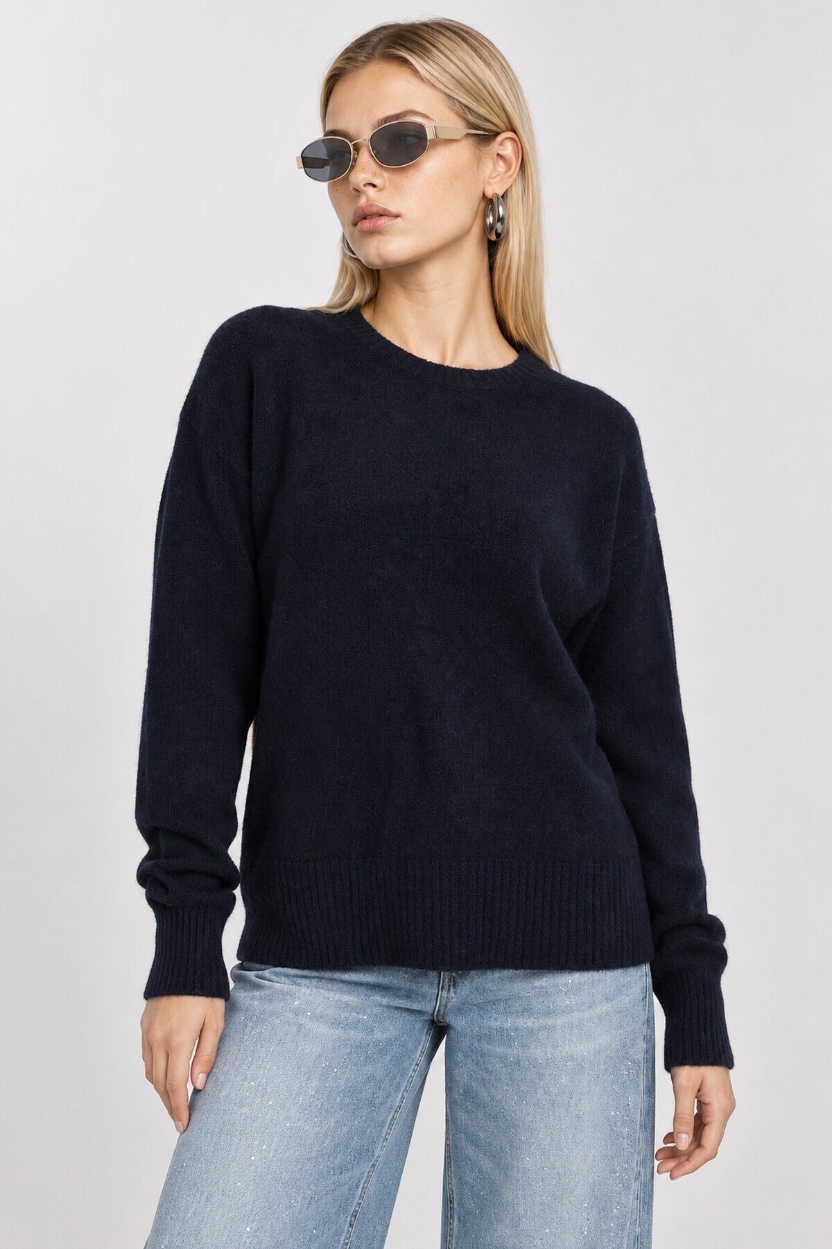 Yün Karışımlı Oversize Triko Kazak 4270 LACİVERT LKİ0062